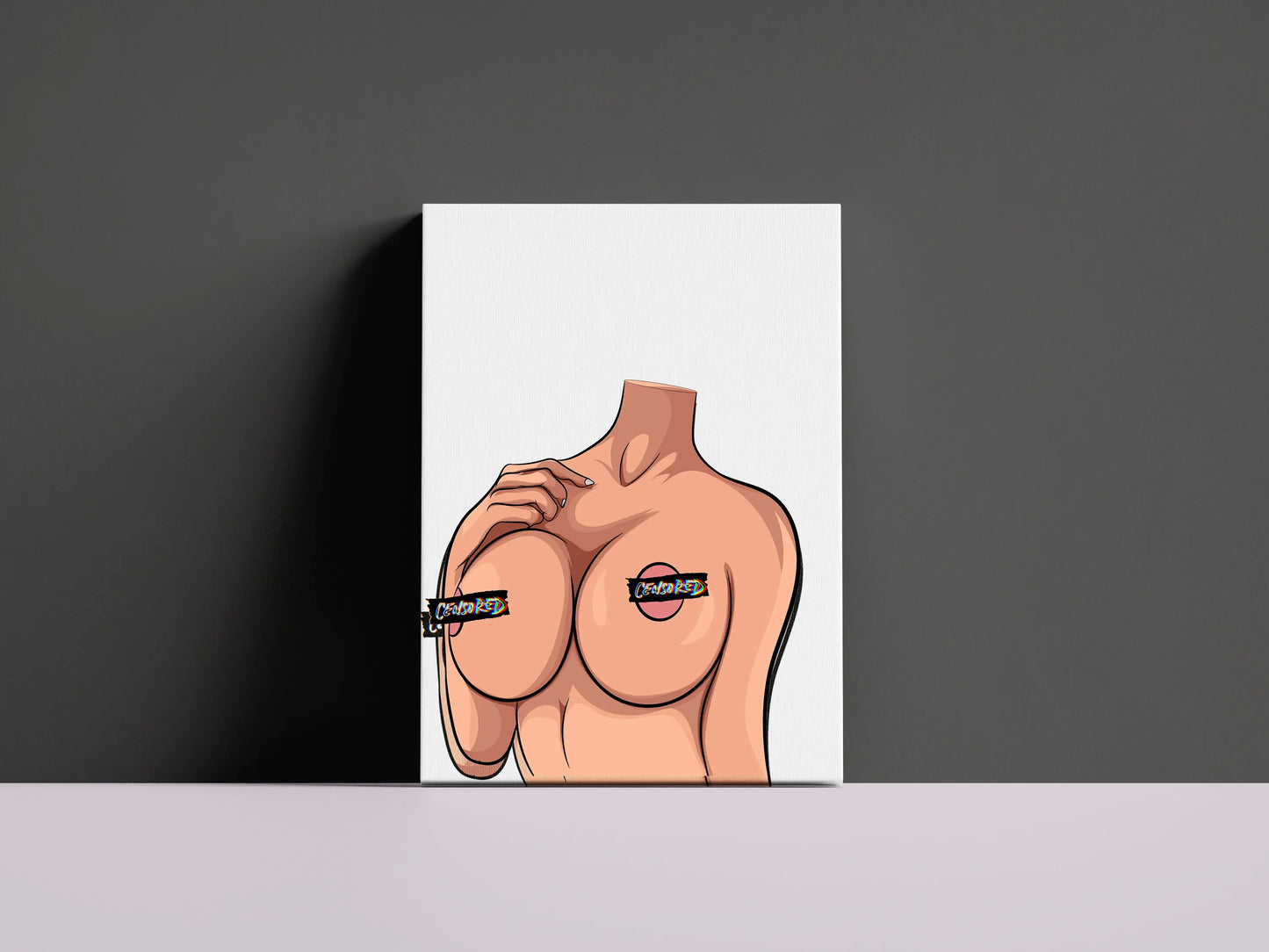 Bold headless female form pop art with censored labels, Model 26 - Baked Art digital print.