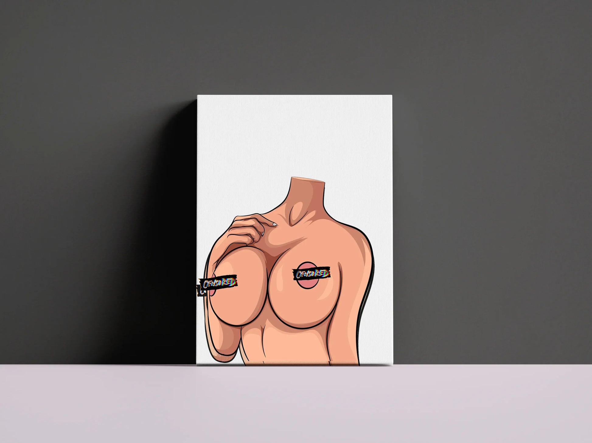 Bold headless female form pop art with censored labels, Model 26 - Baked Art digital print.
