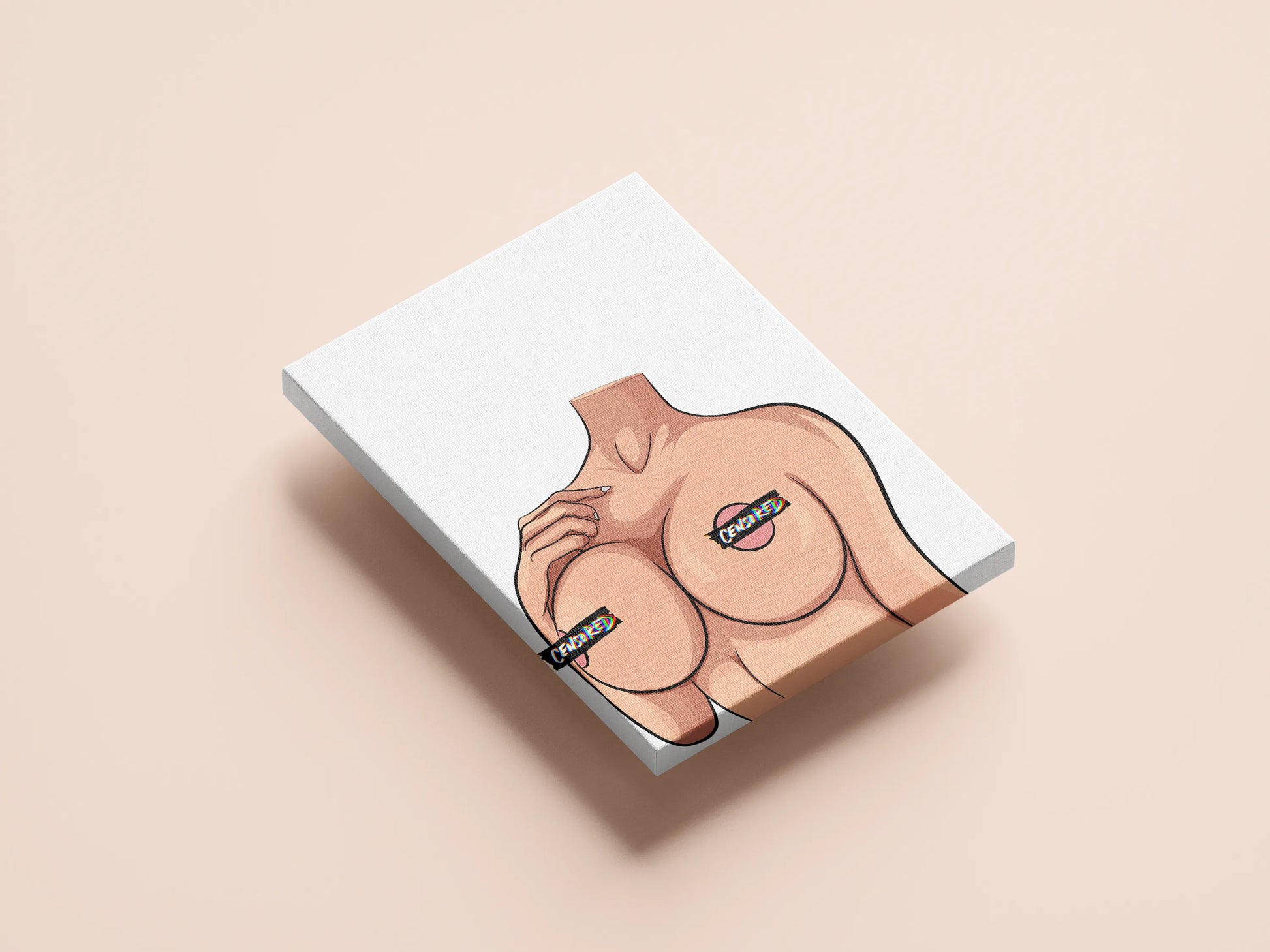 Bold pop art digital print of a female form with censored labels, featuring Model 26 - Baked Art.