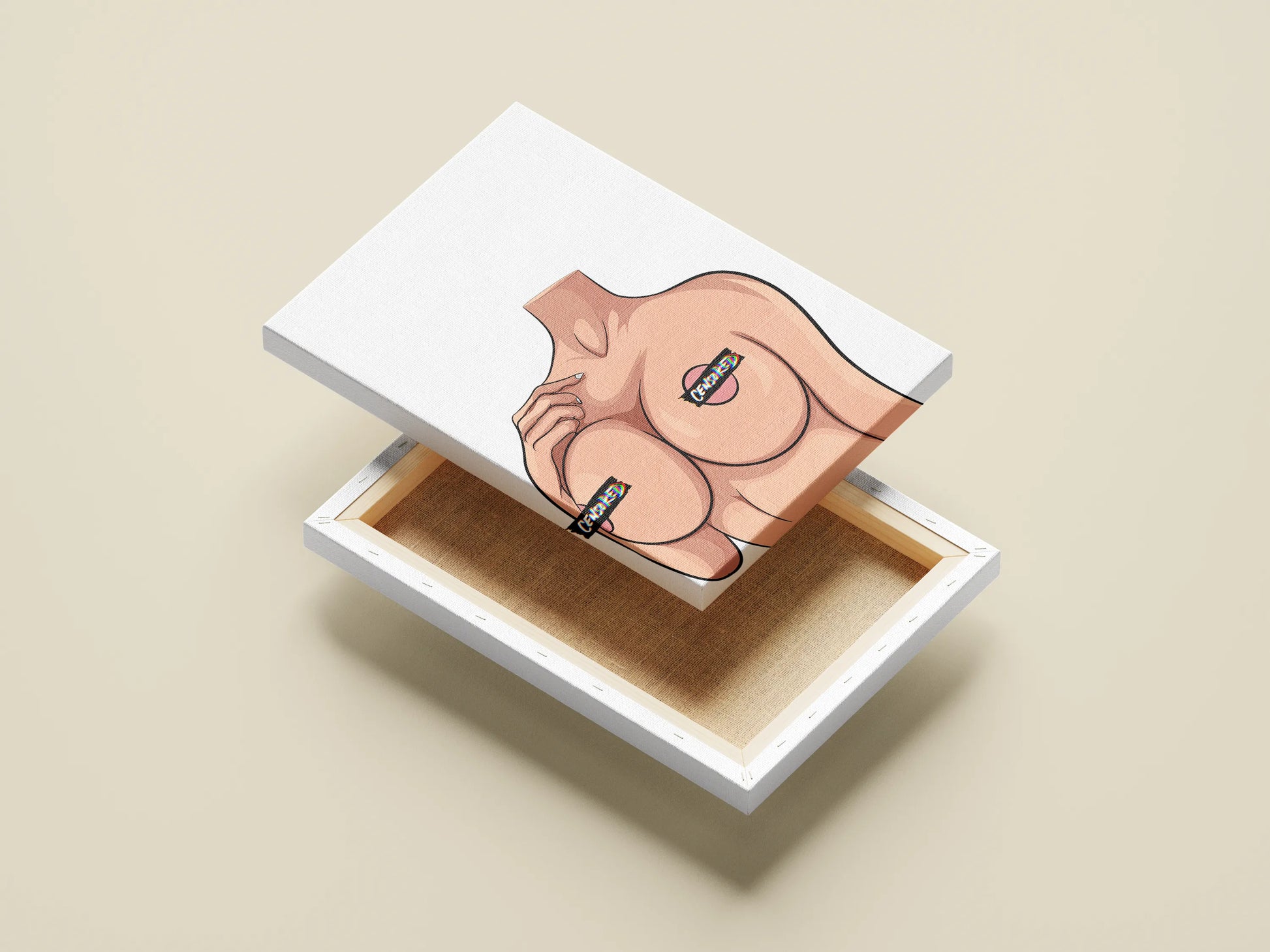 NSFW Model 26 digital art print with censored labels, pop art style.