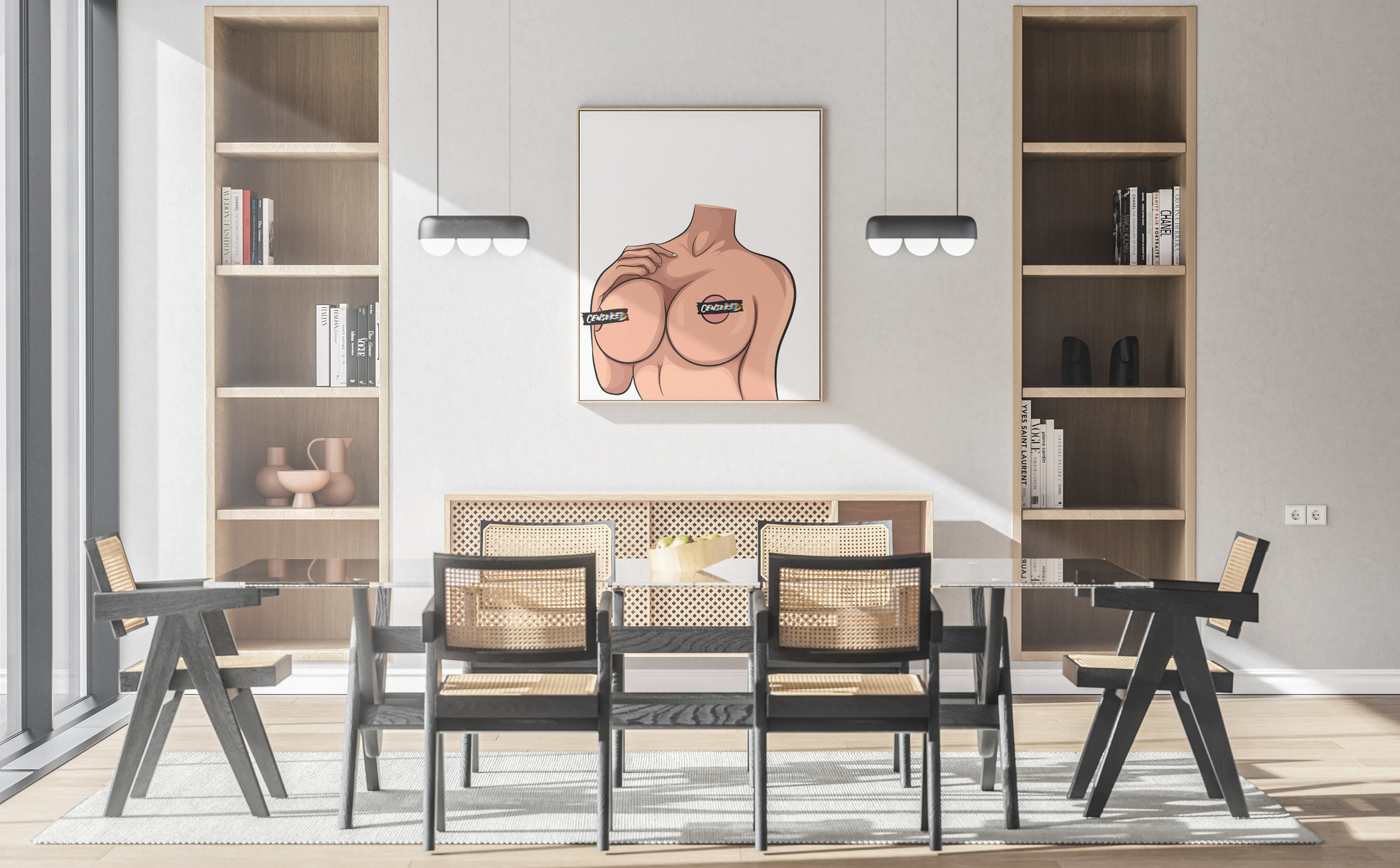 Bold pop art of censored female form in modern dining room decor.