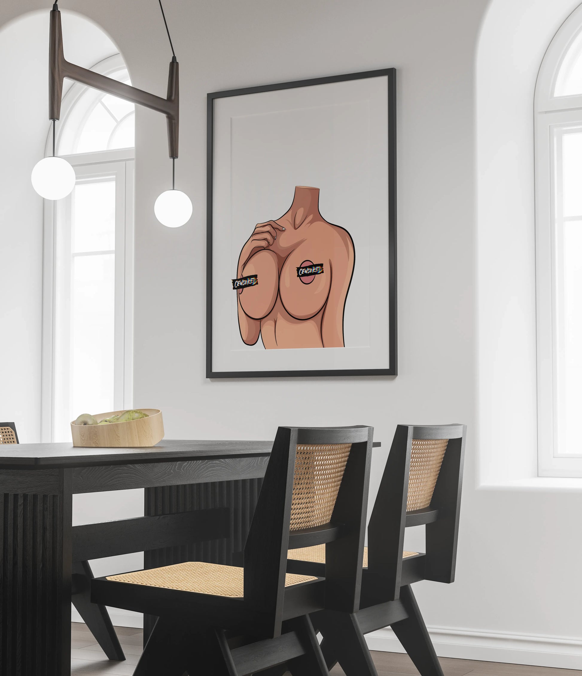 Digital pop art print featuring a headless, censored female form in a modern dining room, Model 26 - Baked Art.