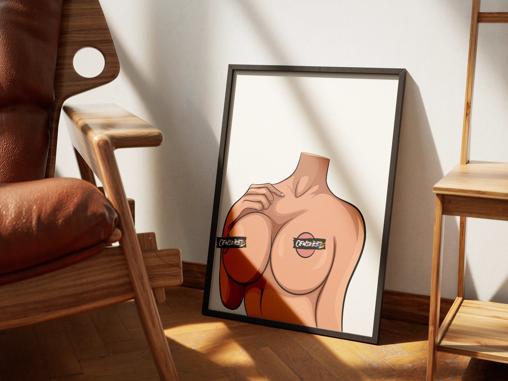 Bold pop digital art featuring a female form with "Censored" labels, Model 26 - Baked Art.