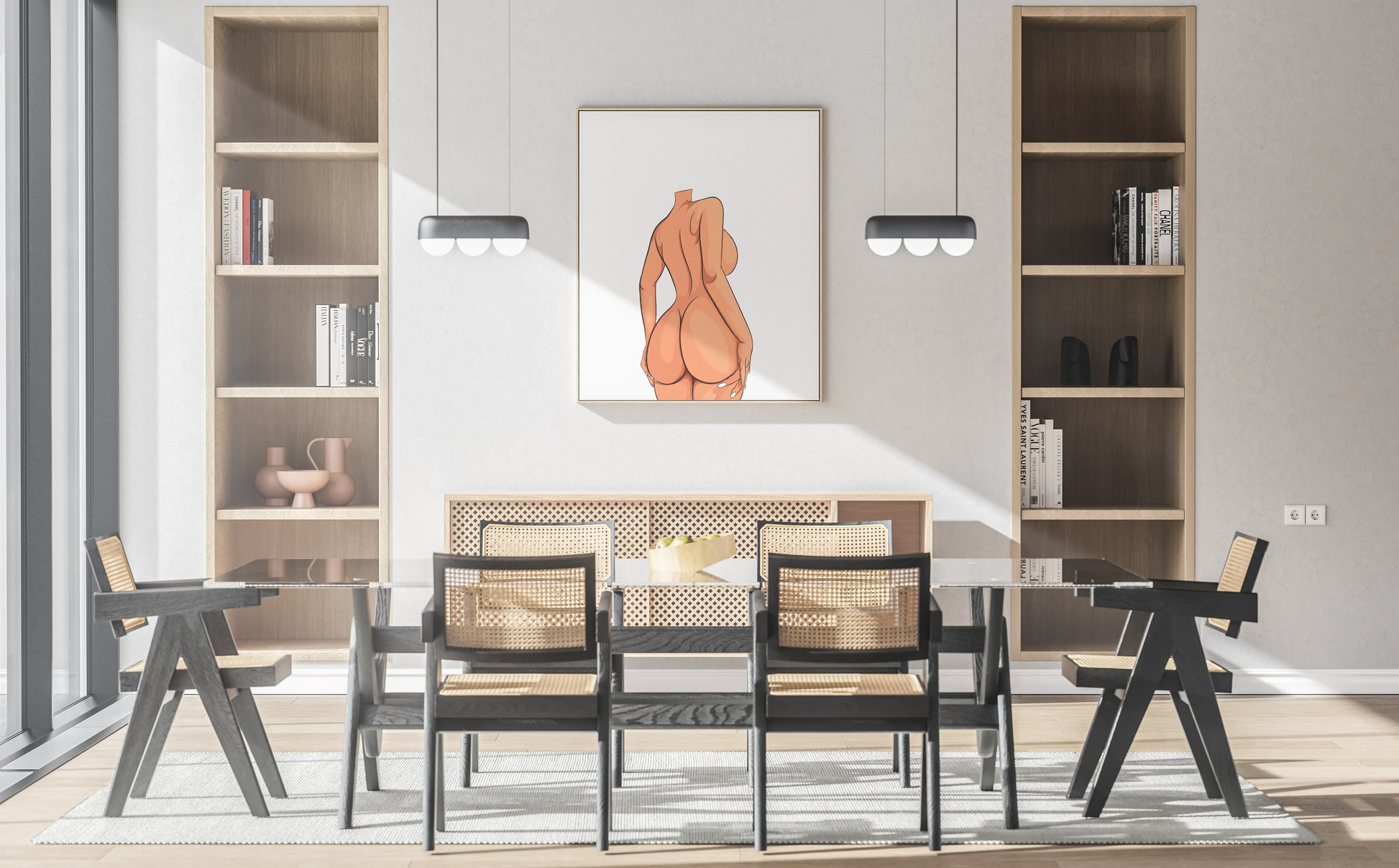 Digital art of a curvy female figure in a modern dining room, part of NSFW Model 27 collection.