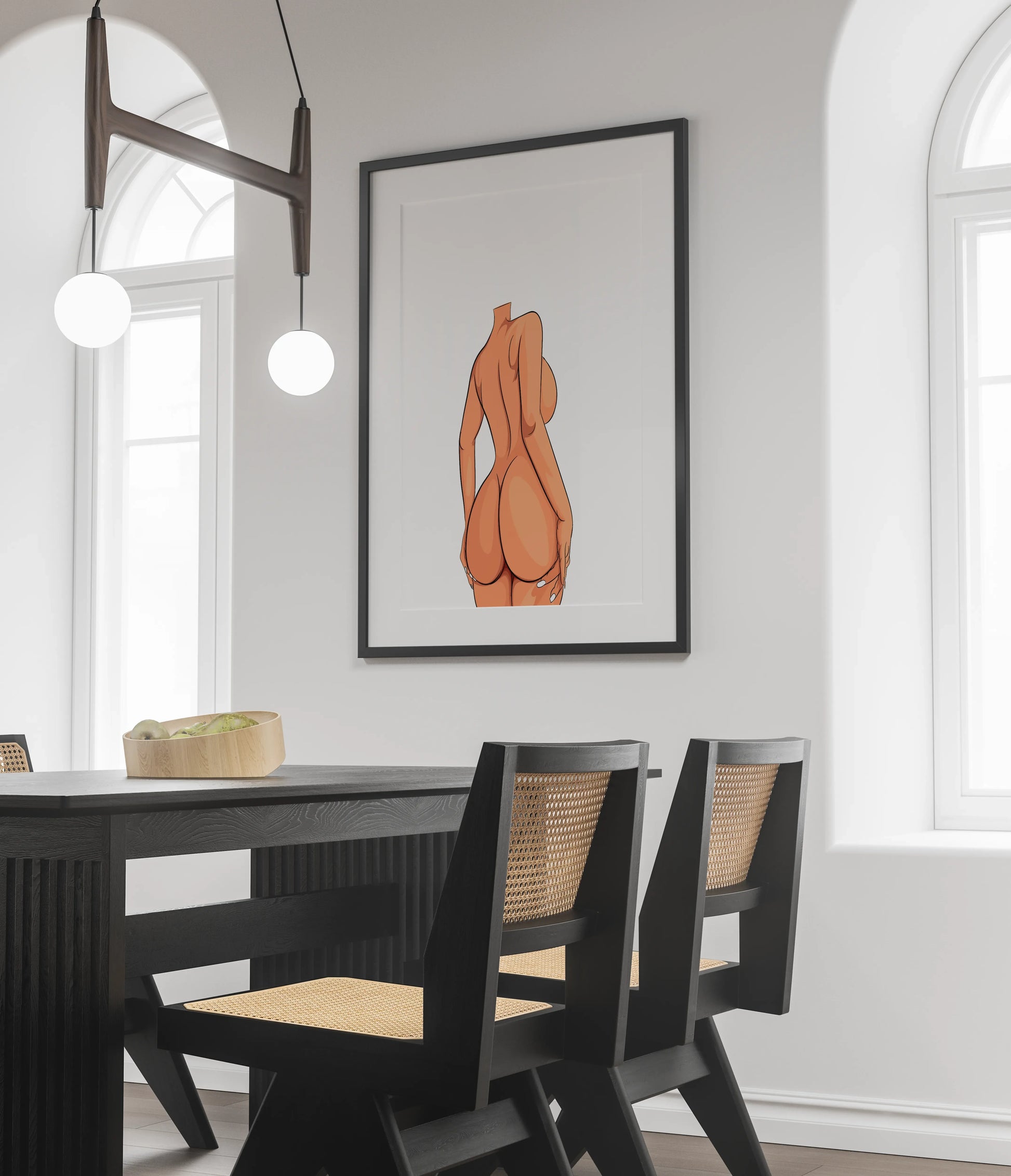Curvy elegance digital art of a woman's figure in a framed illustration displayed in a modern dining room.