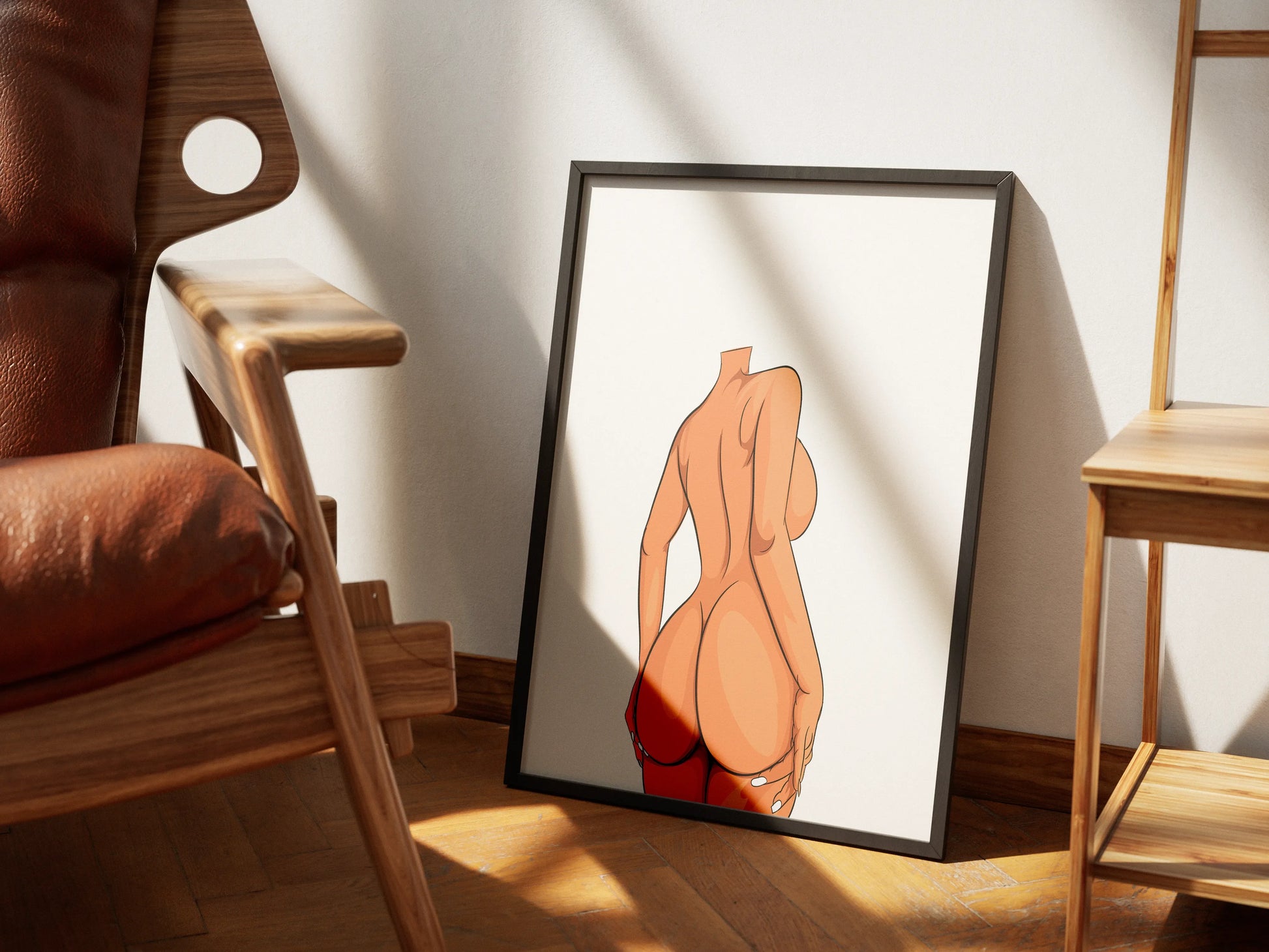 Curvy elegance digital art of a headless woman figure in a modern frame.