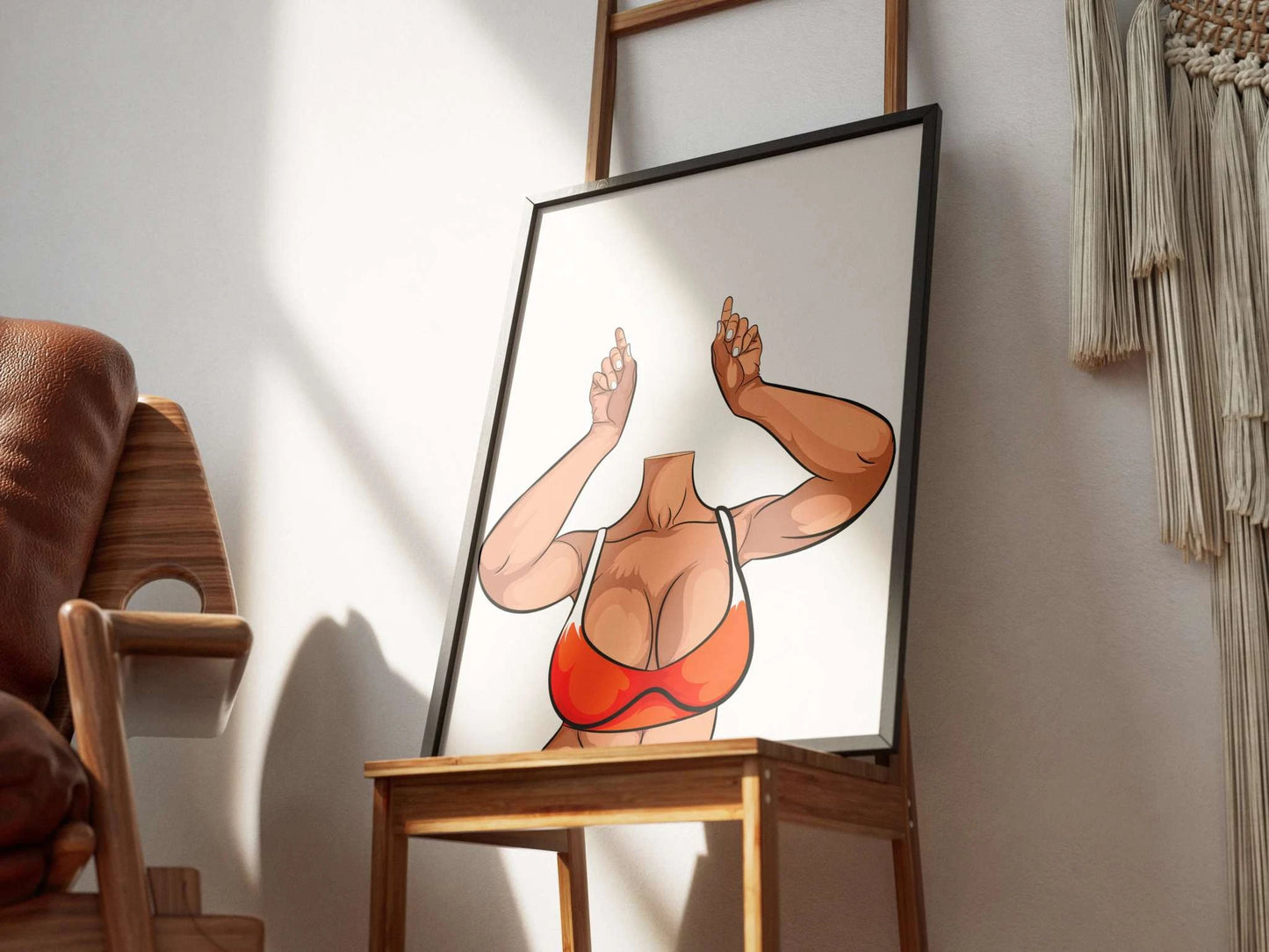 Pop art digital artwork featuring Model 28 with vibrant orange top, bold lines, and rich skin tones in a modern decor setting.