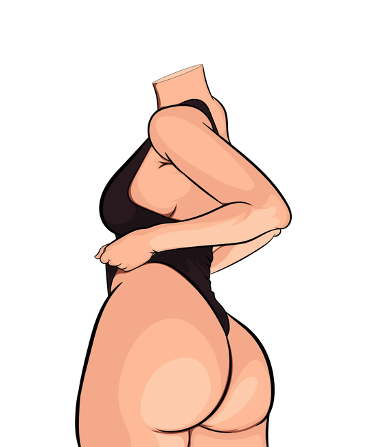 Bikini Model 30 - Digitalized Arts Baked Art, minimalist pop art of headless figure in black outfit highlighting bold curves.