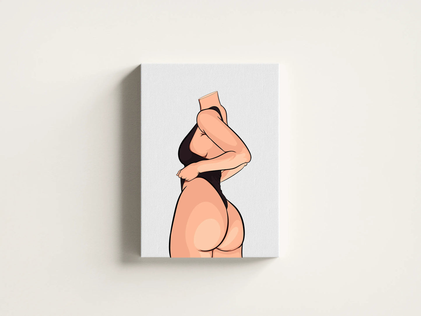 Minimalist pop art print of a headless figure in a black outfit, emphasizing bold curves; Model 30 - Baked Art.