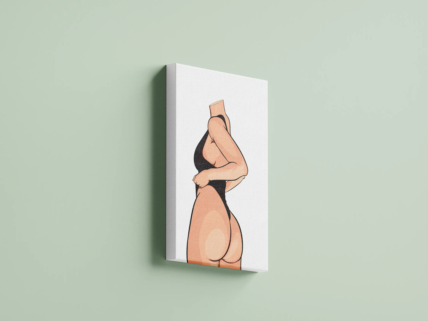 Bold minimalist pop art print titled "Model 30 - Baked Art" featuring a headless figure in a sleek black outfit, emphasizing curves with clean lines and elegant shading.