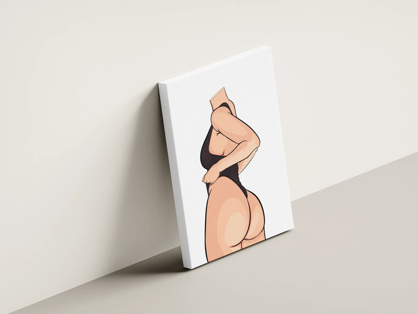 Digital pop art print of a headless figure in a black outfit, highlighting bold curves; Model 30 - Baked Art.