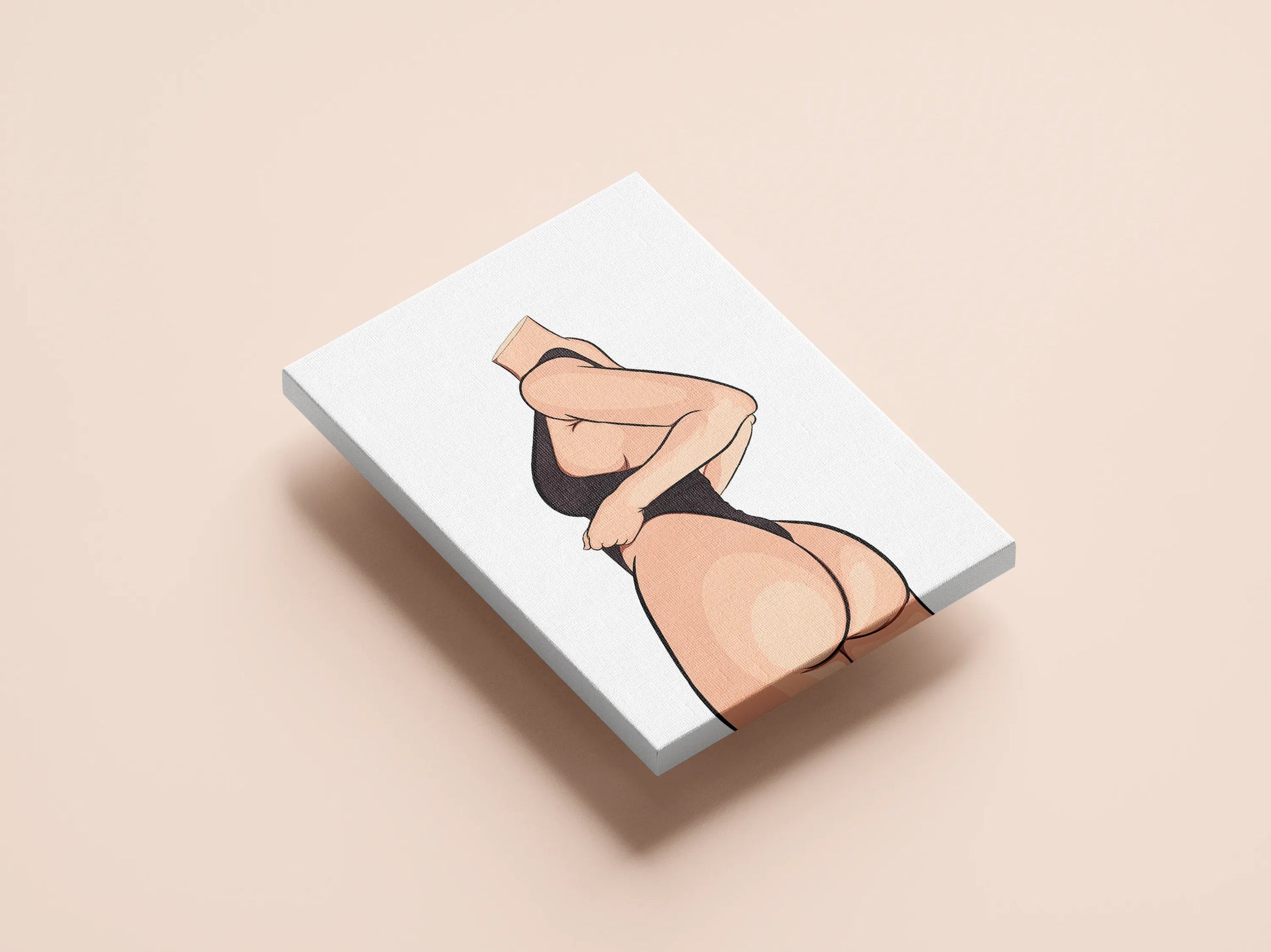 Minimalist pop art digital print of a headless figure in a sleek black outfit, highlighting bold curves, Model 30 - Baked Art.