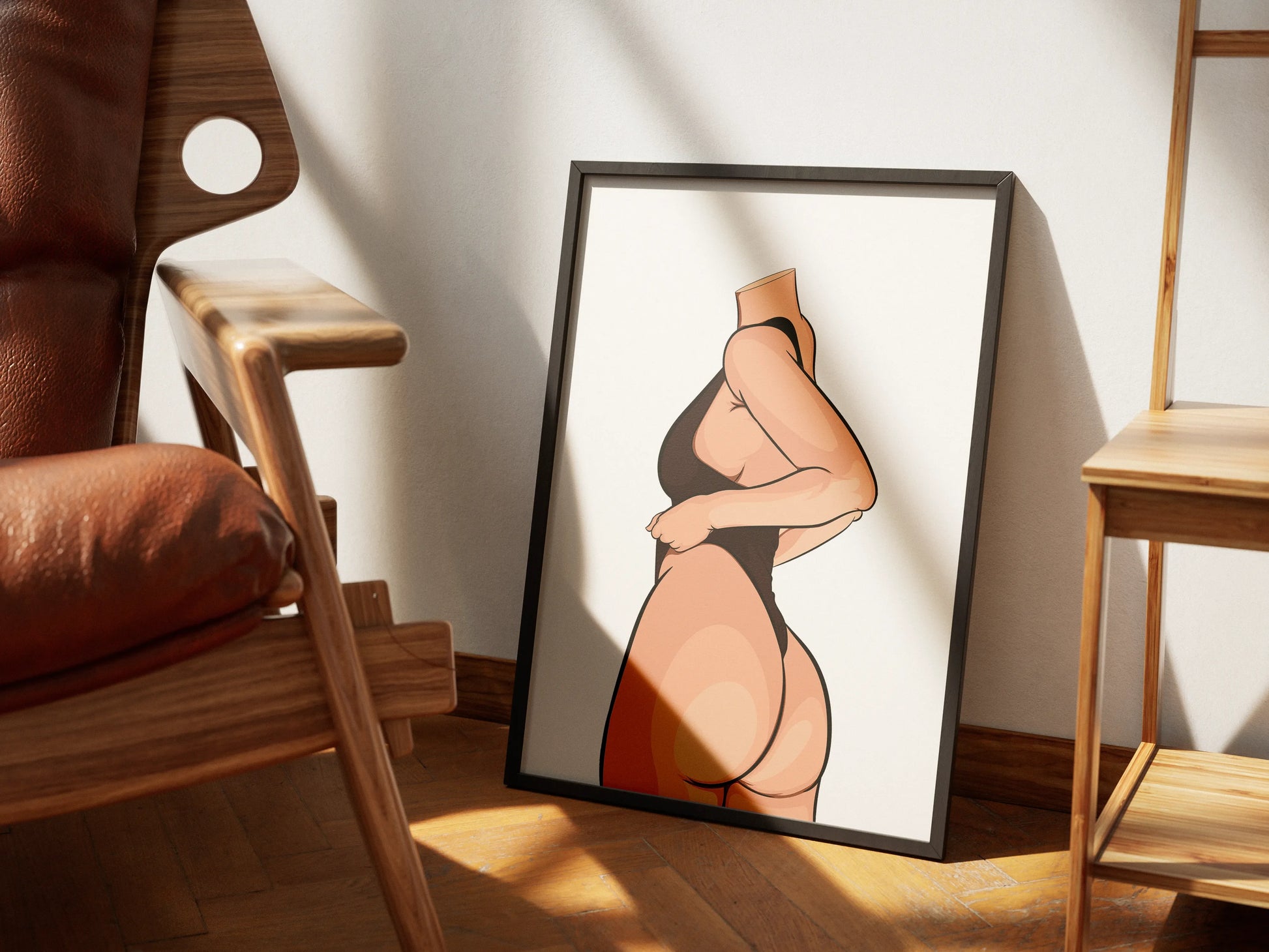 Minimalist pop art print featuring bold curves in a sleek black outfit; Model 30 - Baked Art digital download.