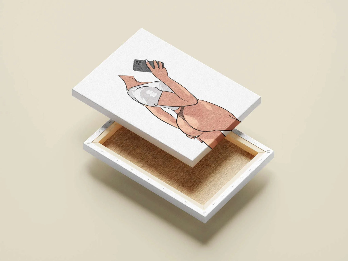 Modern digital art of a sleek figure on a canvas, titled "Lingerie Model 32 - Digitalized Arts Baked Art."