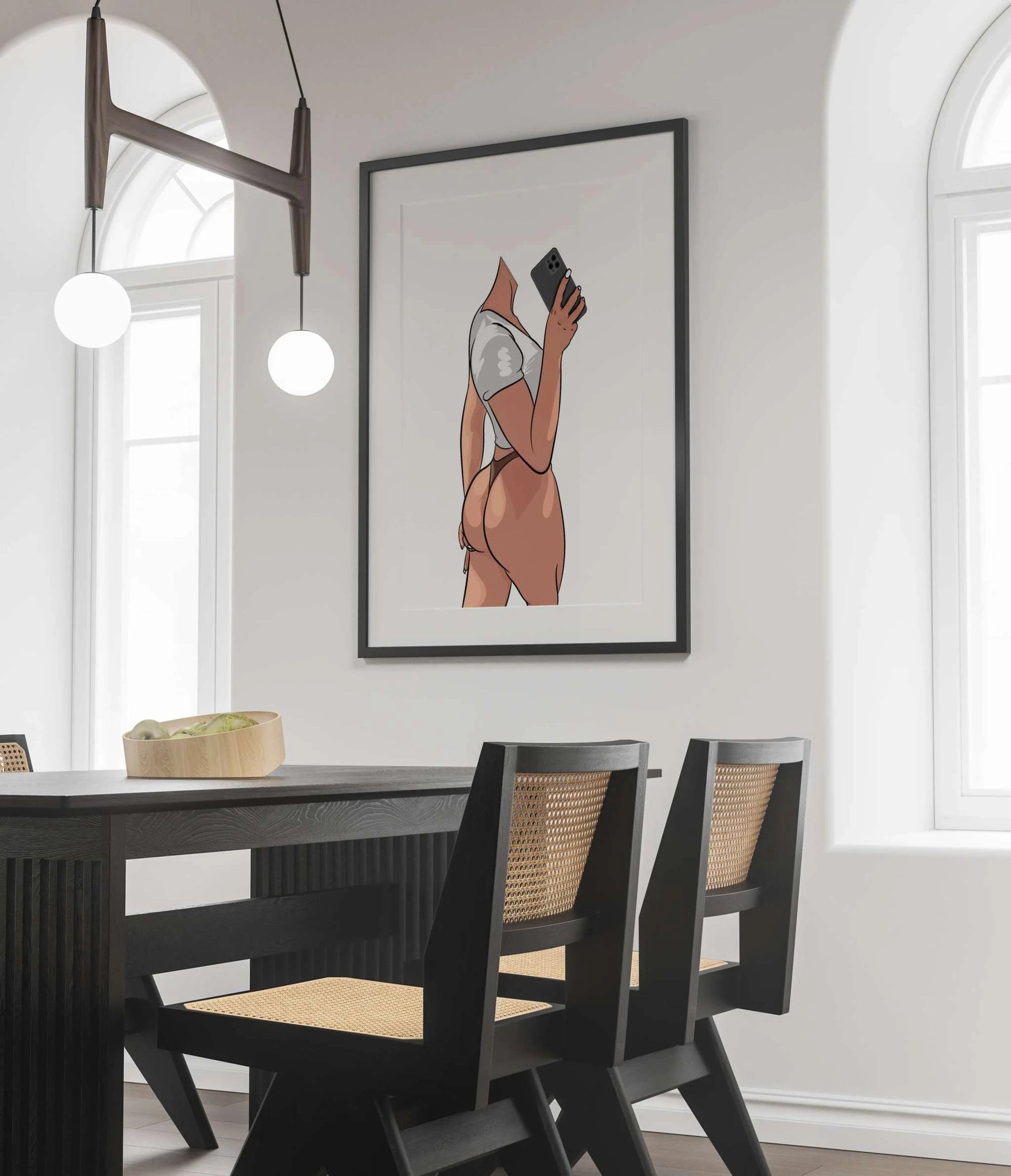 Digital art piece titled "Lingerie Model 32" featuring modern figure with vibrant colors, displayed in dining area.