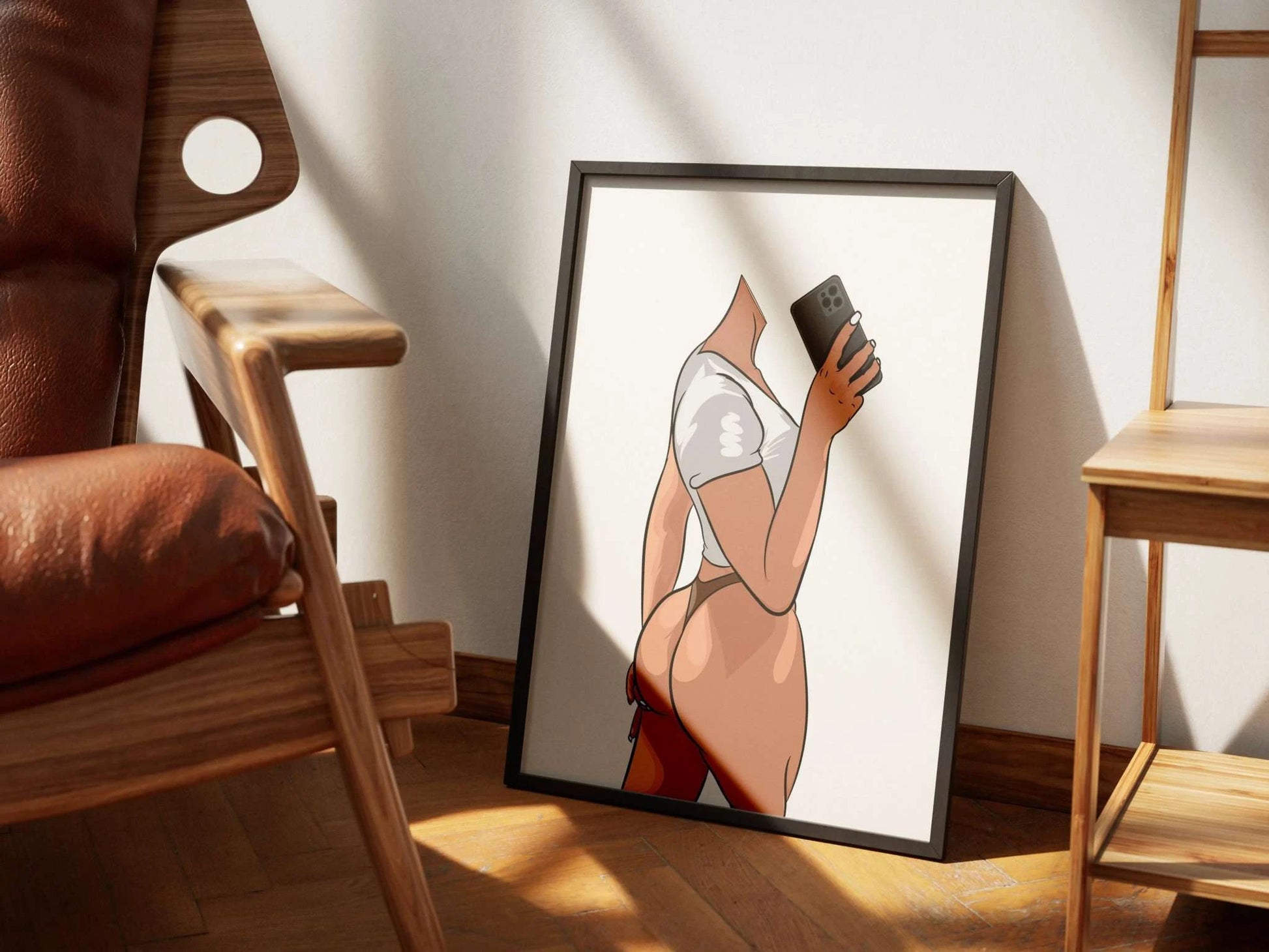Modern digital art of a minimalist figure holding a phone, titled "Lingerie Model 32 - Baked Art".