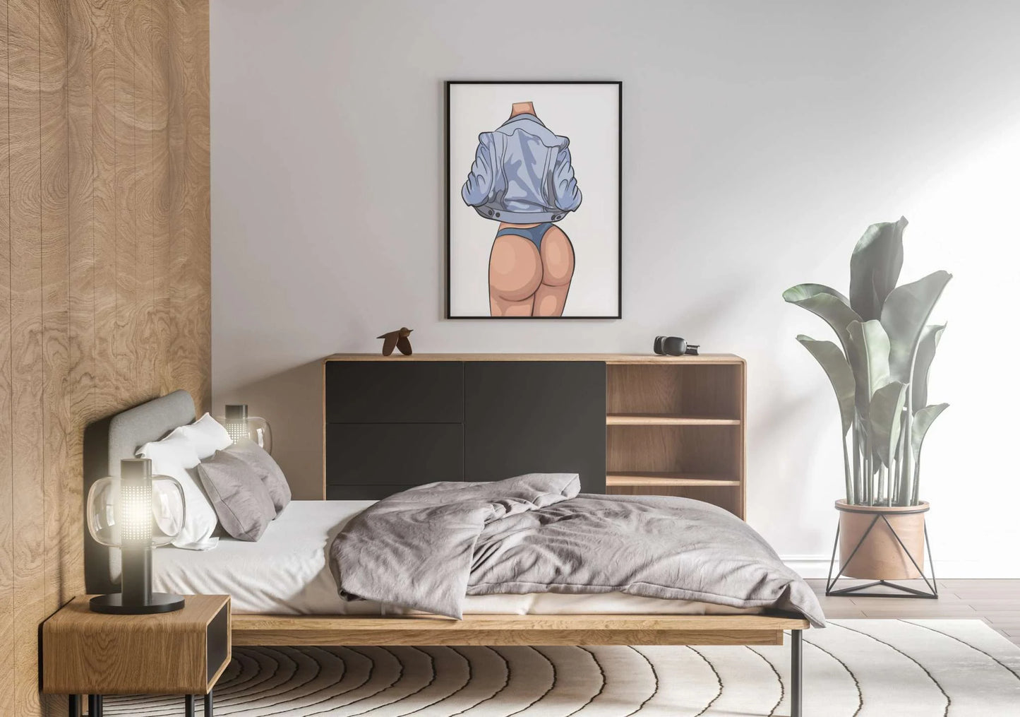 Modern bedroom with framed digital art "Model 33 - Baked Art" on the wall.