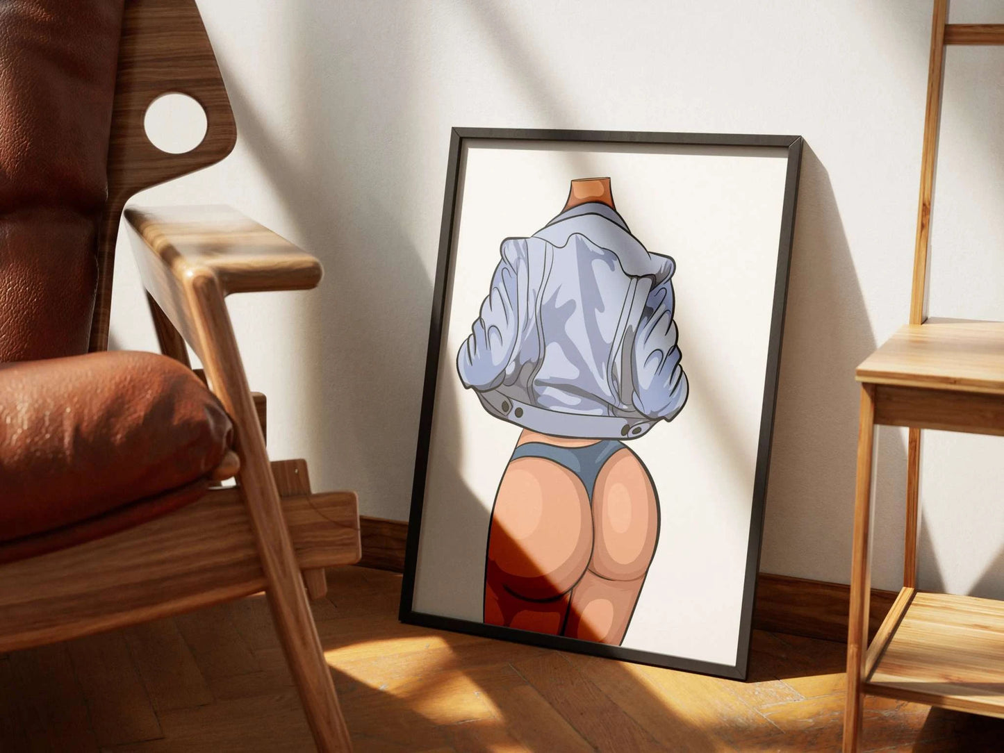 Model 33 - Baked Art digital artwork featuring a stylized figure in lingerie, displayed in a wooden frame.