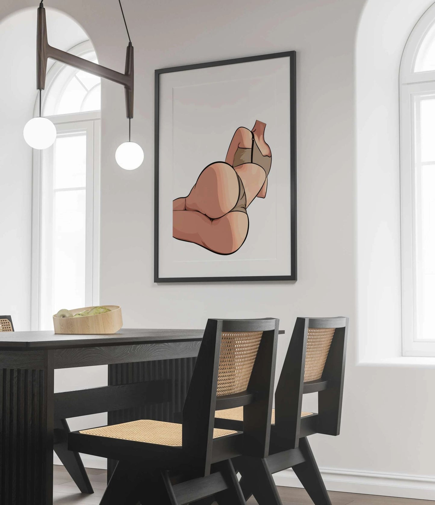Modern digital artwork titled "Model 34 - Baked Art" displayed in a contemporary dining room.