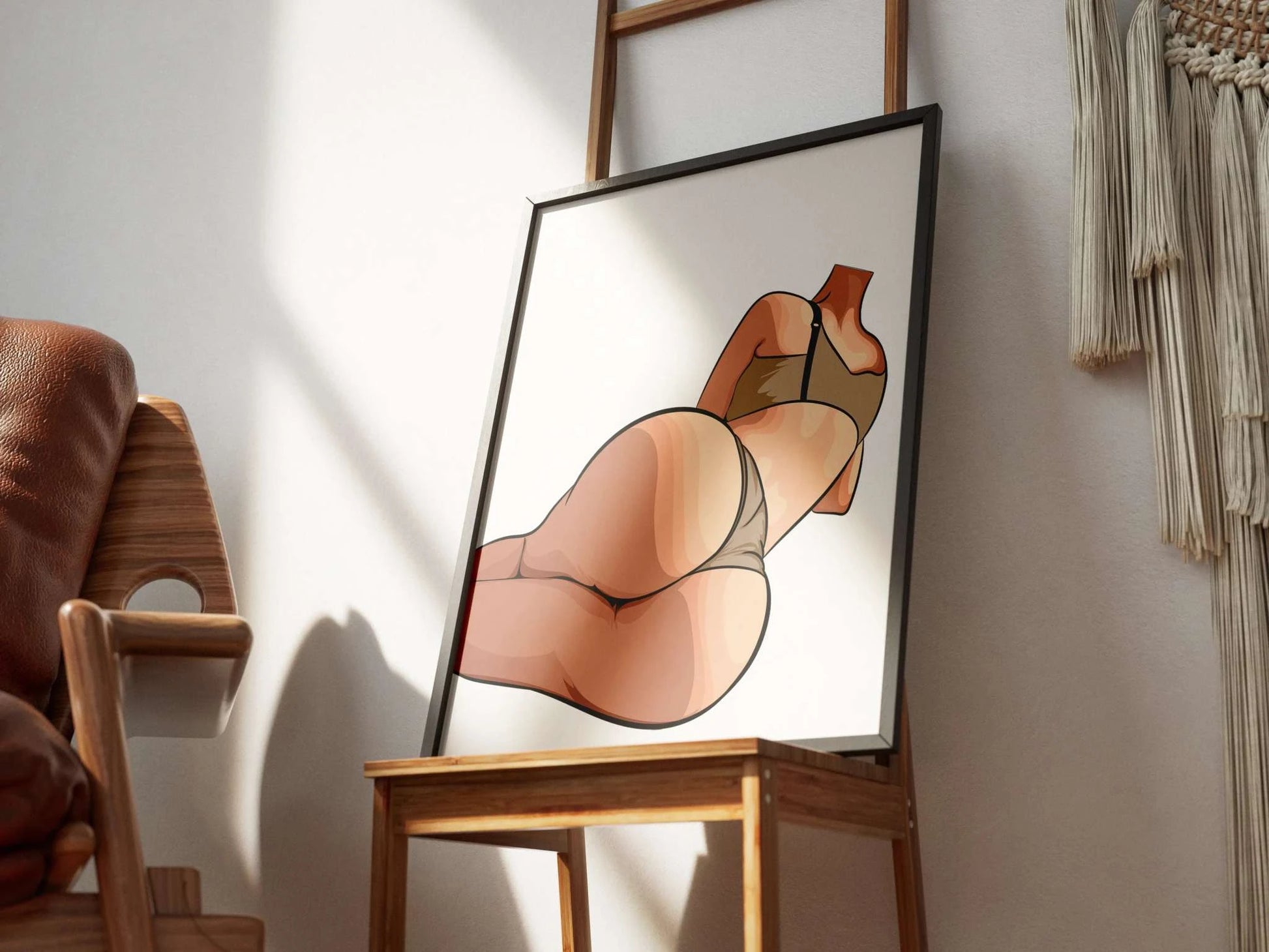 Digital artwork of a minimalist figure, Model 34 - Baked Art, displayed on a wooden chair.