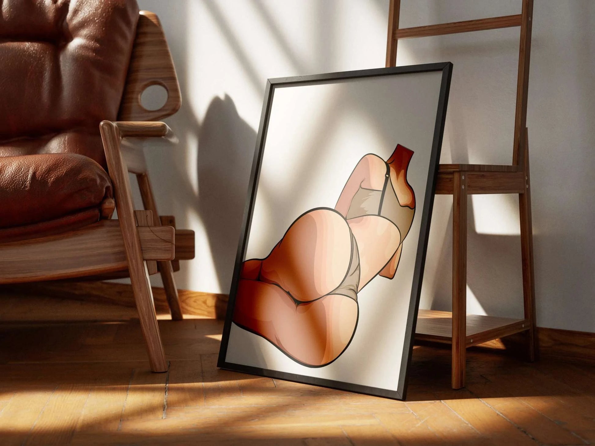 Model 34 - Baked Art digital artwork with minimalist style emphasizing curves, displayed in a wooden frame.