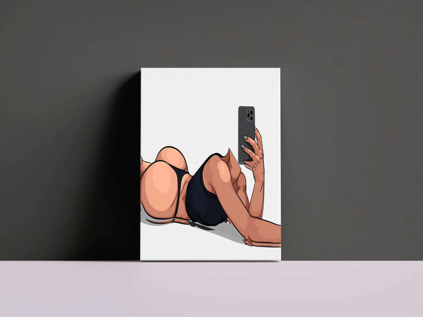 Digital illustration of Model 36 in bold curves and black lingerie, showcasing empowerment and modern art style.