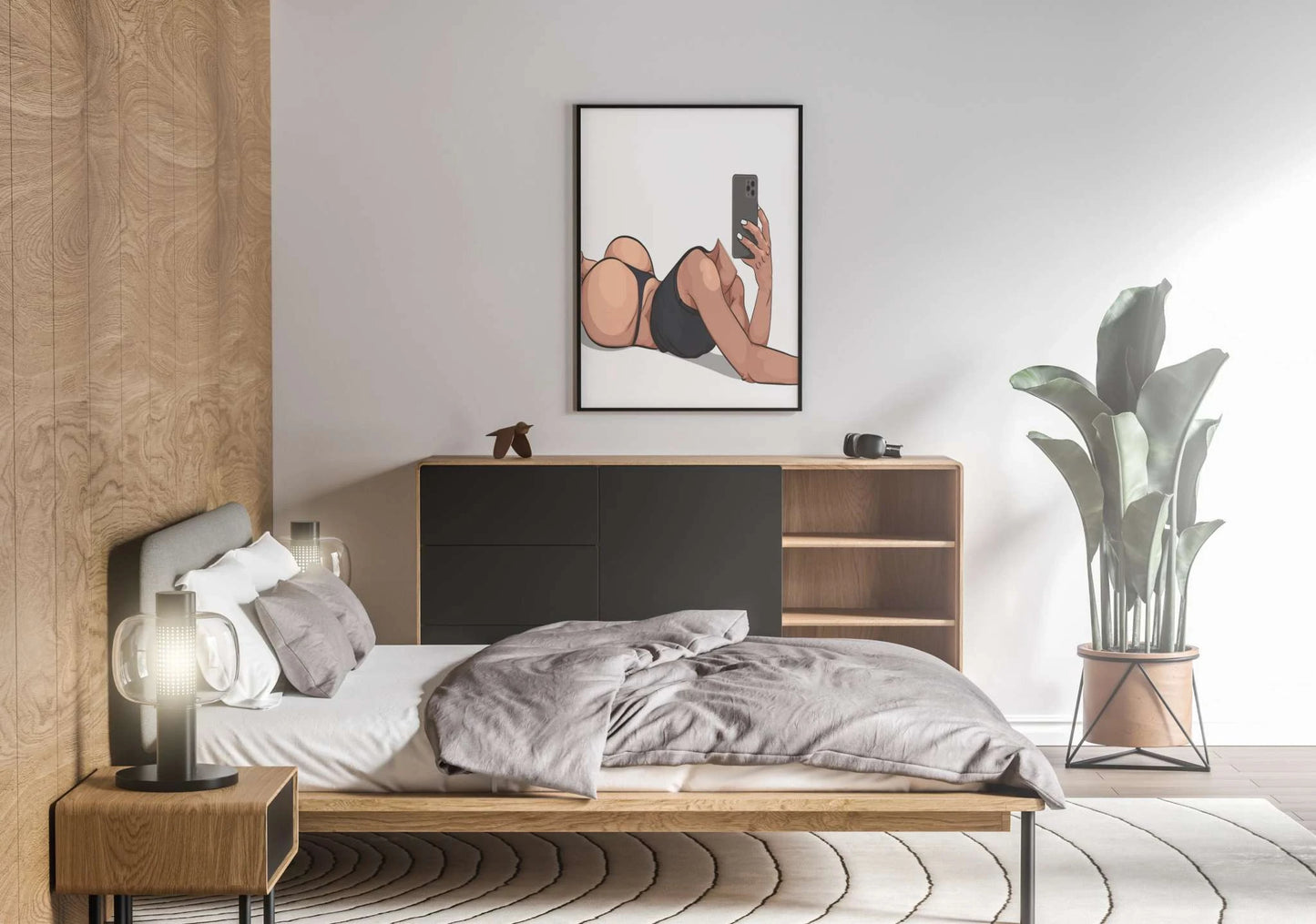 Digital illustration of Model 36 - Baked Art in a modern bedroom setting.