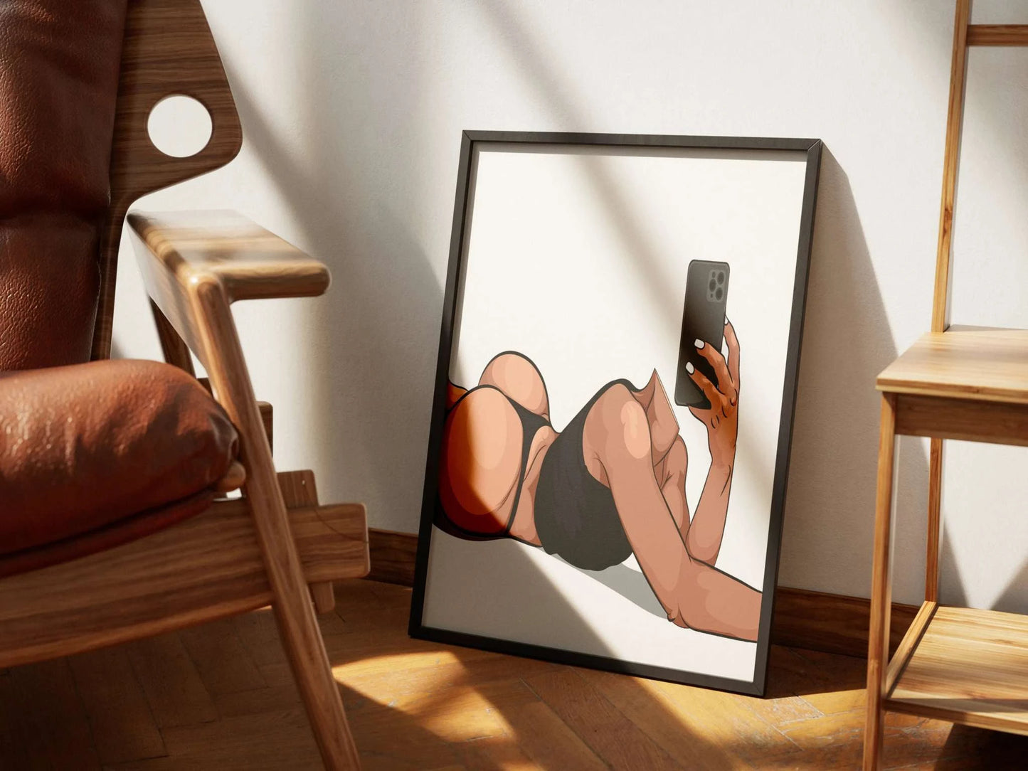Digital illustration of Model 36 - Baked Art, featuring bold curves and a modern color palette, displayed in a frame on a wooden floor.