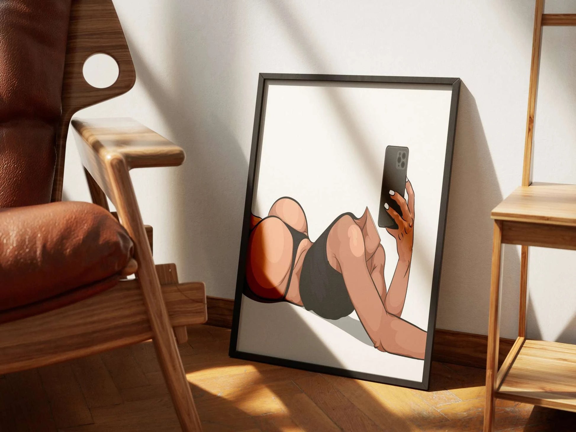 Digital illustration of Model 36 - Baked Art, featuring bold curves and a modern color palette, displayed in a frame on a wooden floor.