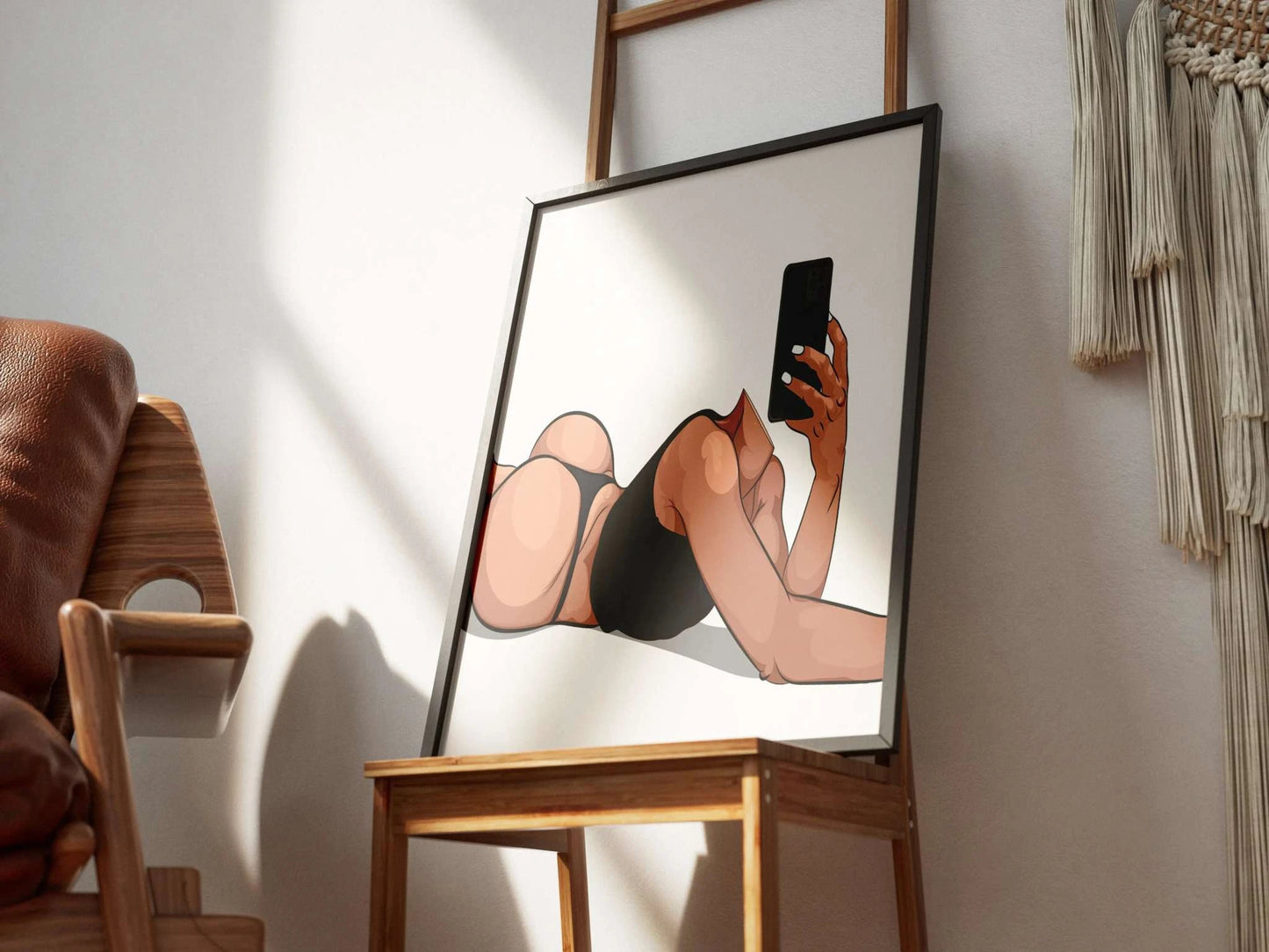Digital illustration of Model 36 - Baked Art, featuring bold curves and a confident pose in modern colors, displayed on a wooden easel.