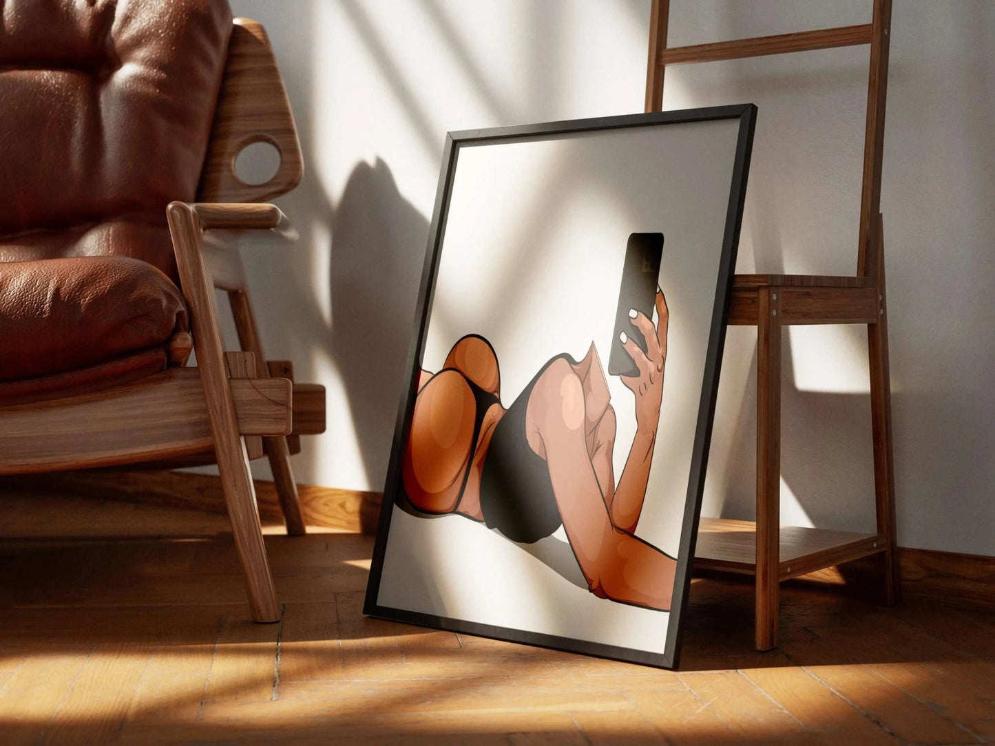 Digital illustration of Model 36 in a framed art print, emphasizing bold curves and a modern color palette.