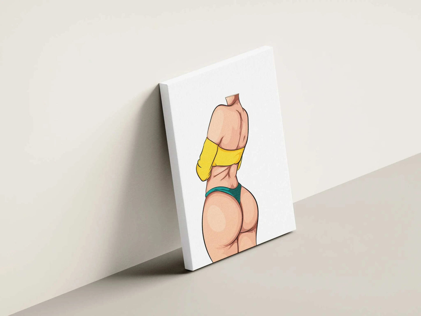 Vibrant digital art of Model 37 with dynamic pose, featuring bold curves and a bright yellow top in striking contrast tones.