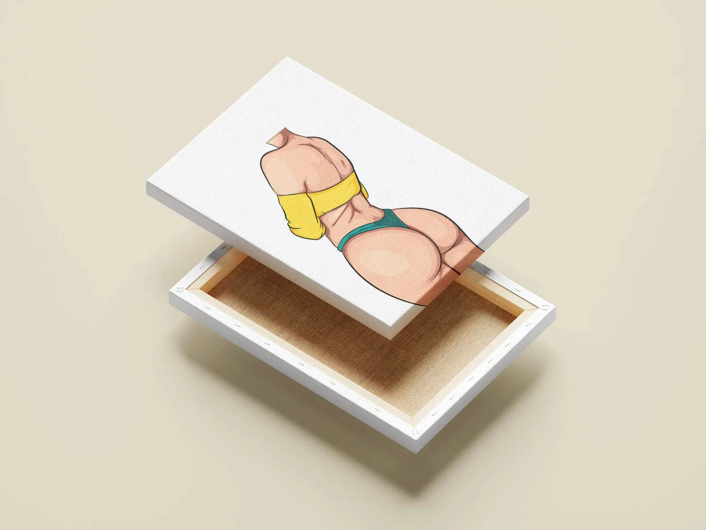 Bold digital art of Model 37 with vibrant colors, featuring a dynamic pose and a yellow top on a white box.