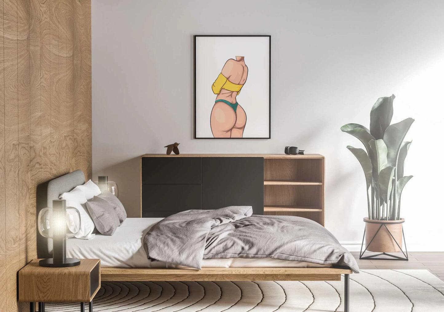 Bold digital art of Model 37 in yellow top adding a vibrant touch to a modern bedroom.