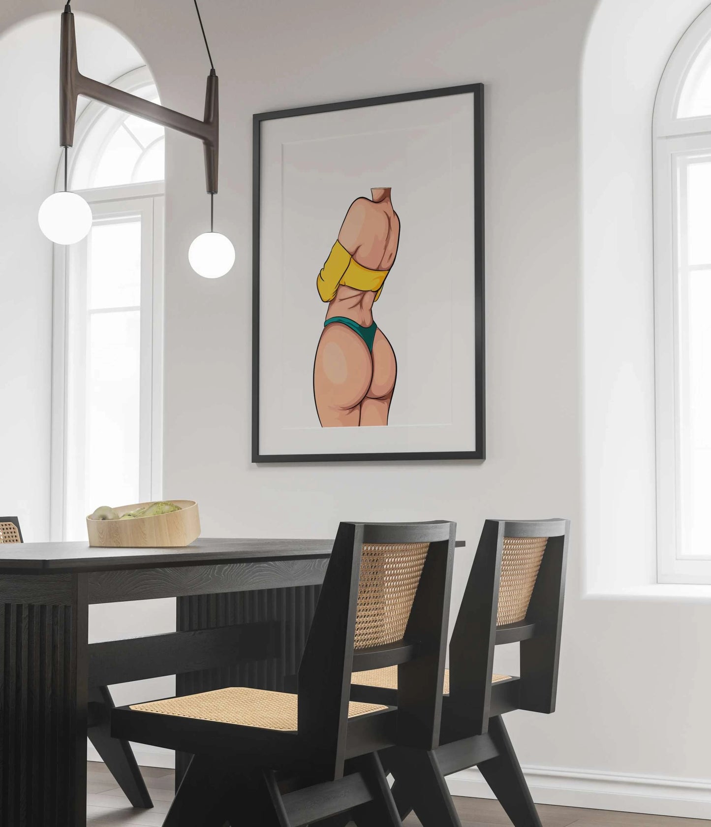 Digital art illustration "Model 37 - Baked Art" with vibrant colors and dynamic pose, featuring bold curves in a framed setting.