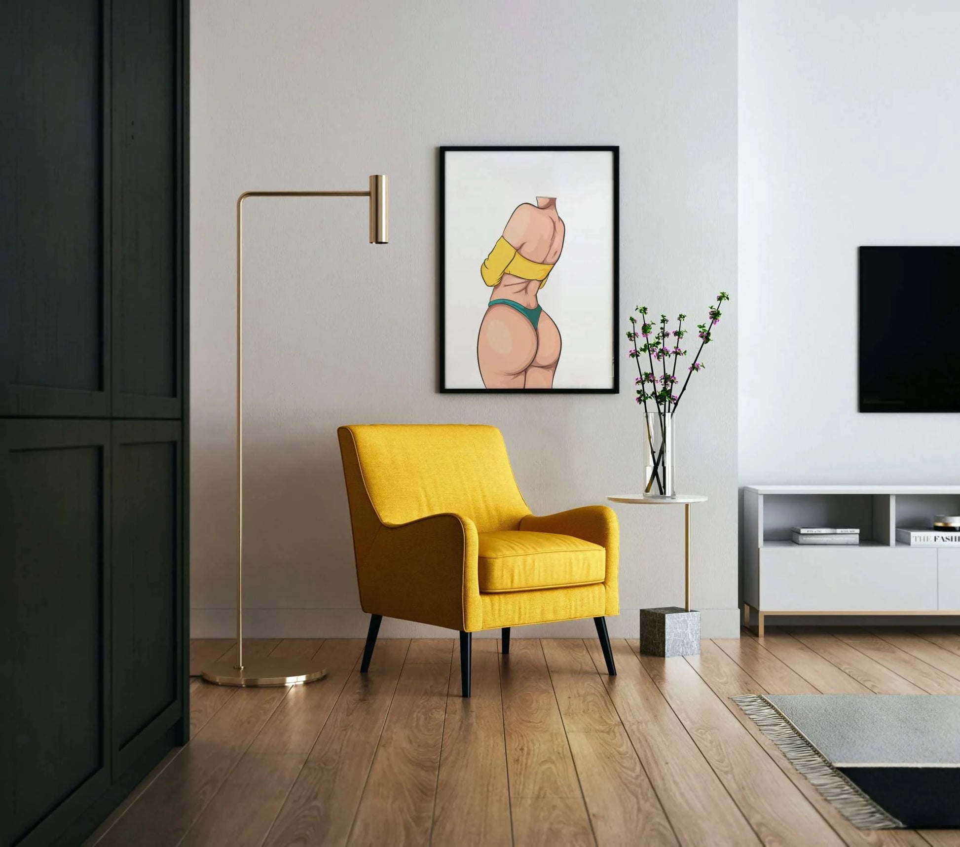 Vibrant digital art of Model 37 with bold curves, dynamic pose, and bright yellow top displayed in a modern living room.