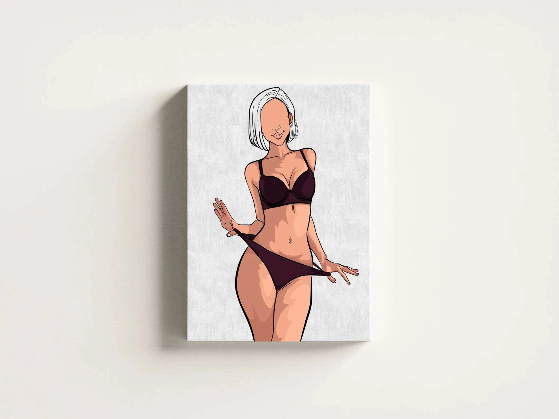 Digital artwork of Model 38 in minimalist lingerie with bold lines and neutral colors.