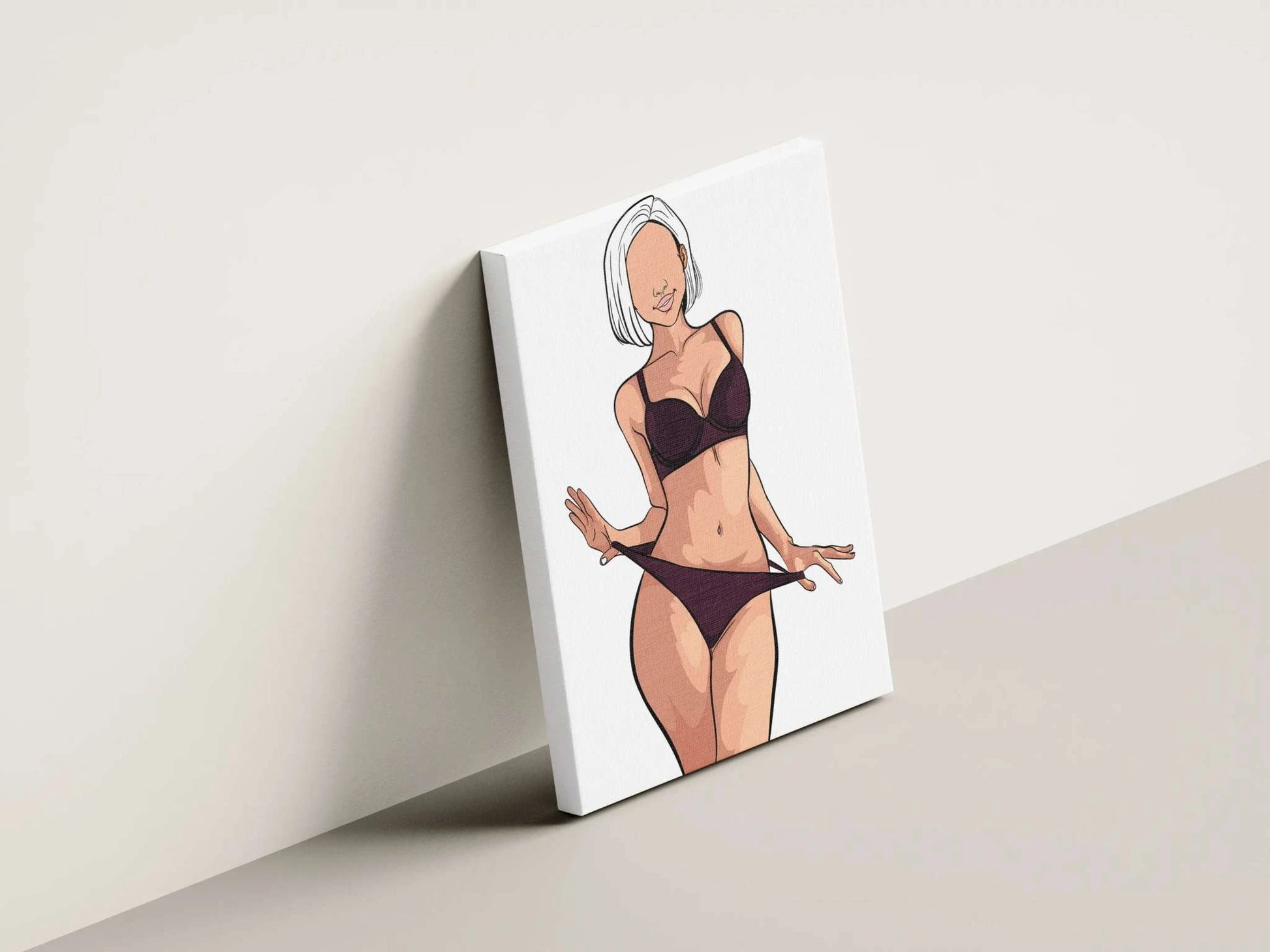 Digital artwork of a figure in minimalist lingerie, showcasing bold lines and a neutral color palette. Model 38 - Baked Art.