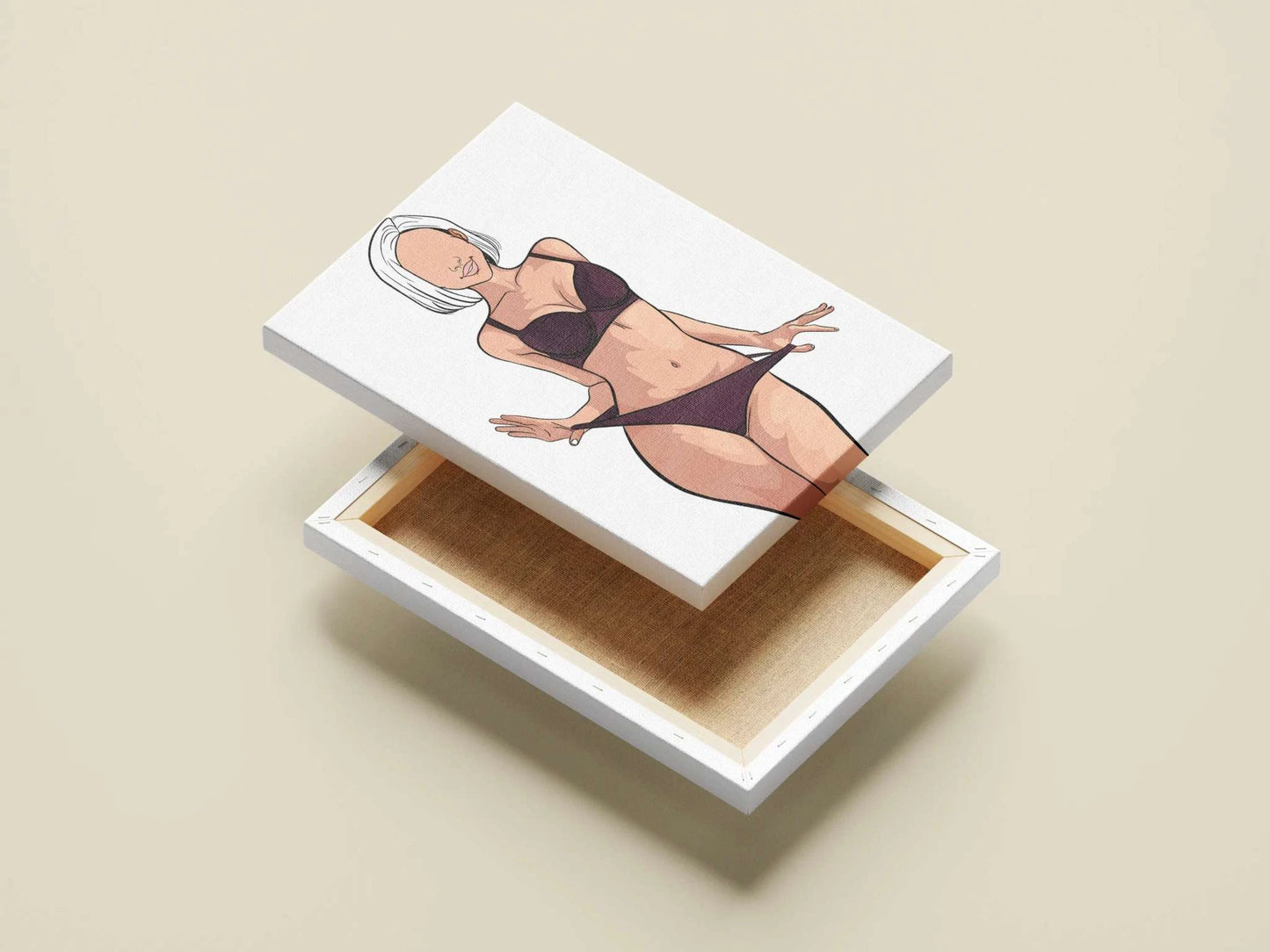 Digital artwork of Model 38 in minimalist attire, featuring bold lines and a neutral color palette.