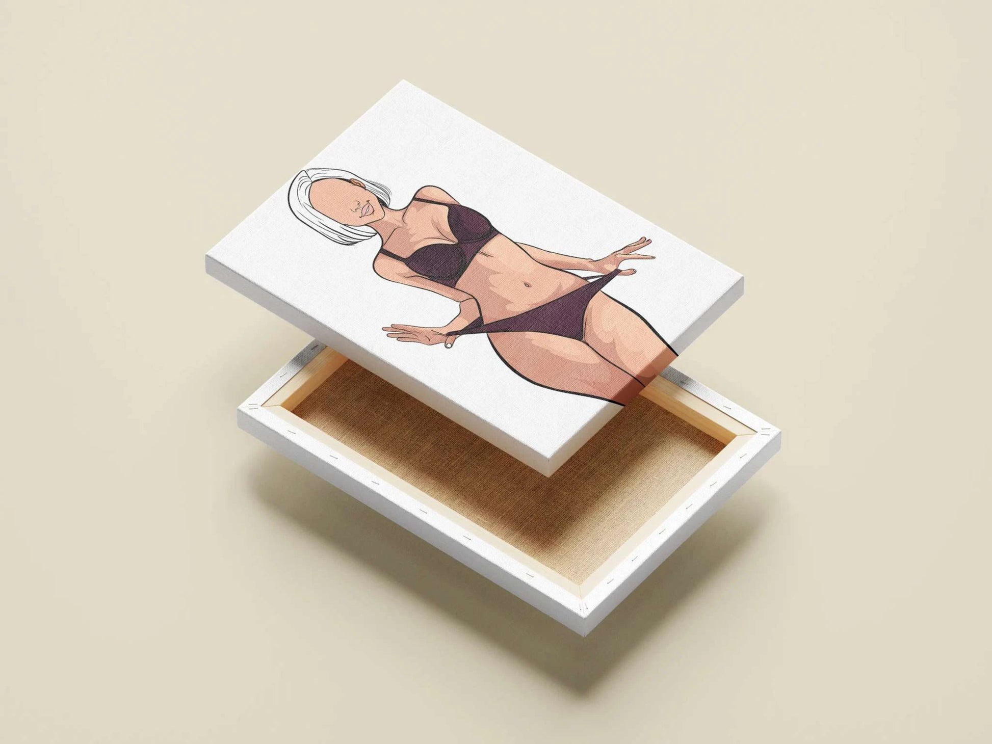 Digital artwork of Model 38 in minimalist attire, featuring bold lines and a neutral color palette.