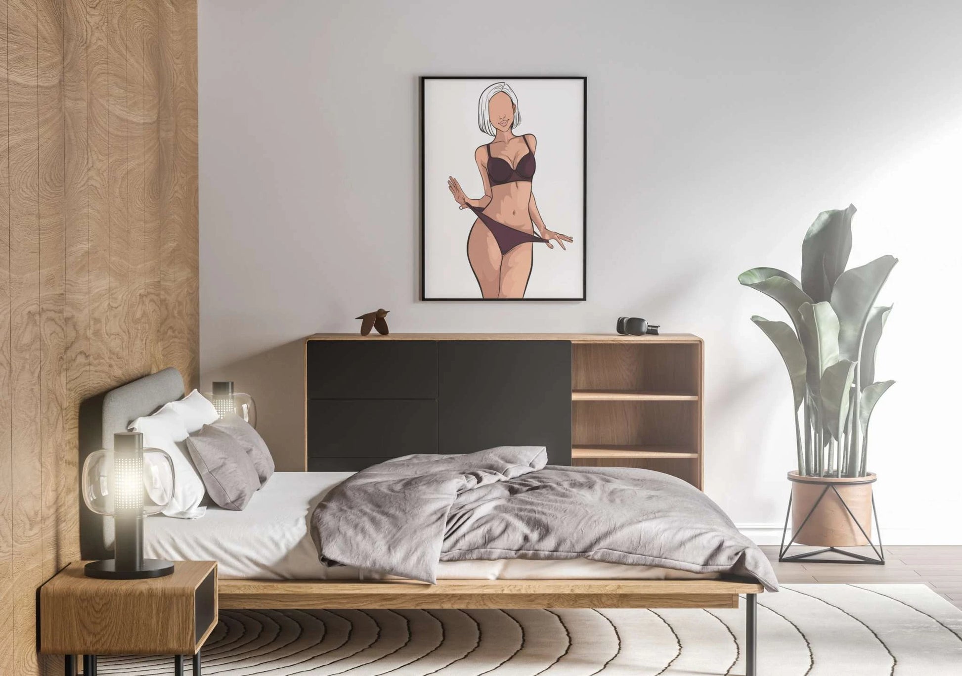 Modern bedroom with digital artwork 'Lingerie Model 38 - Baked Art' on a wooden wall.