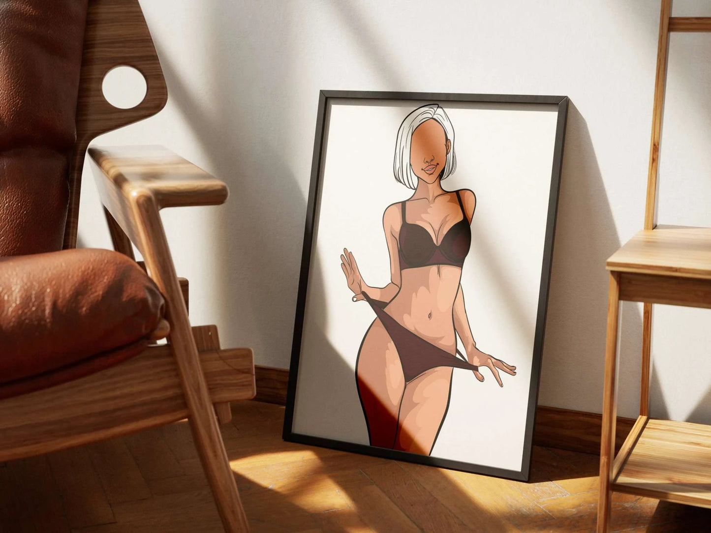 Digital artwork of Model 38 in minimalist attire with bold lines and neutral colors, framed and leaning against a wall.