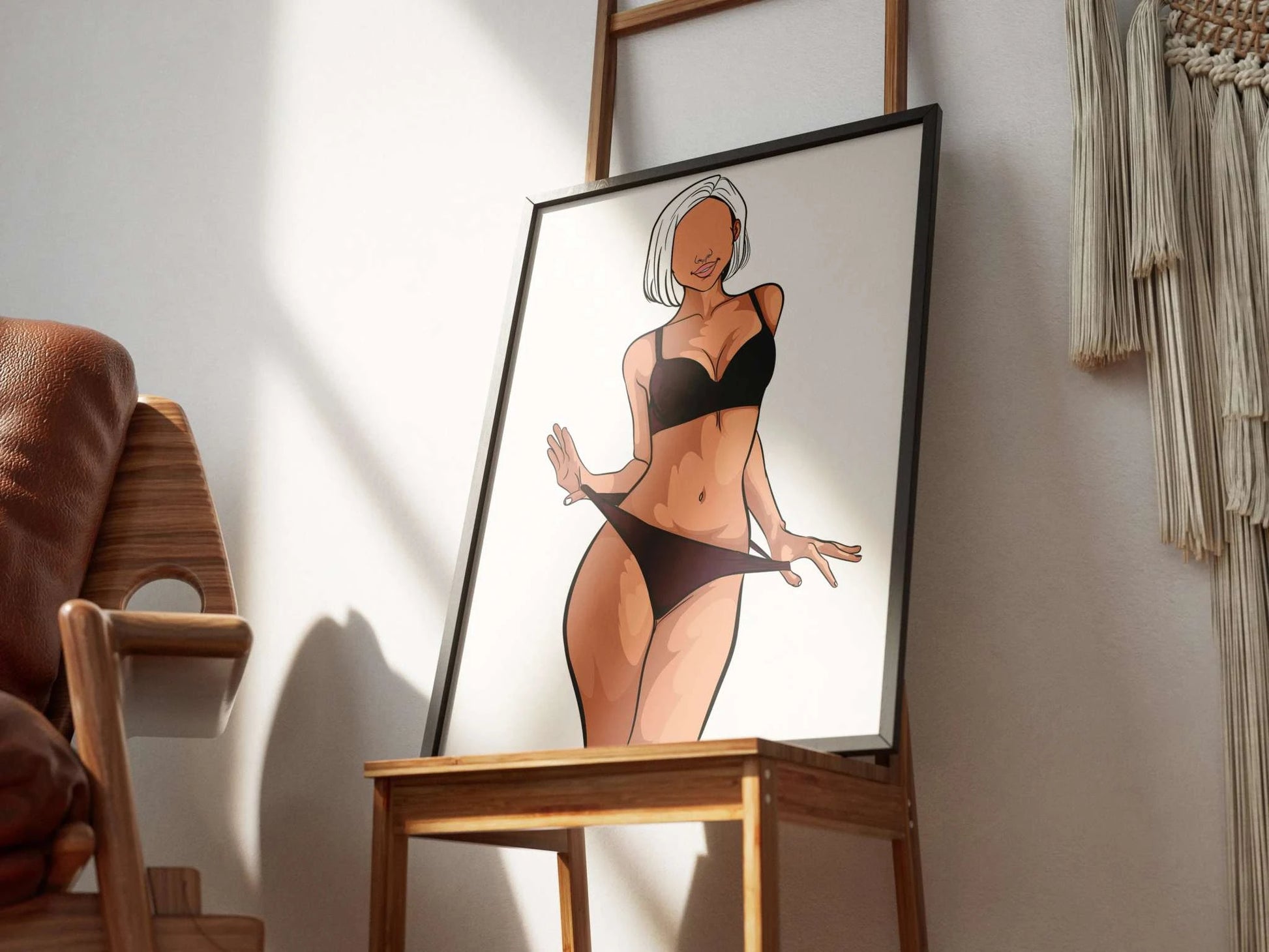Model 38 - Baked Art digital artwork featuring a minimalist figure in lingerie, framed and displayed on a chair.