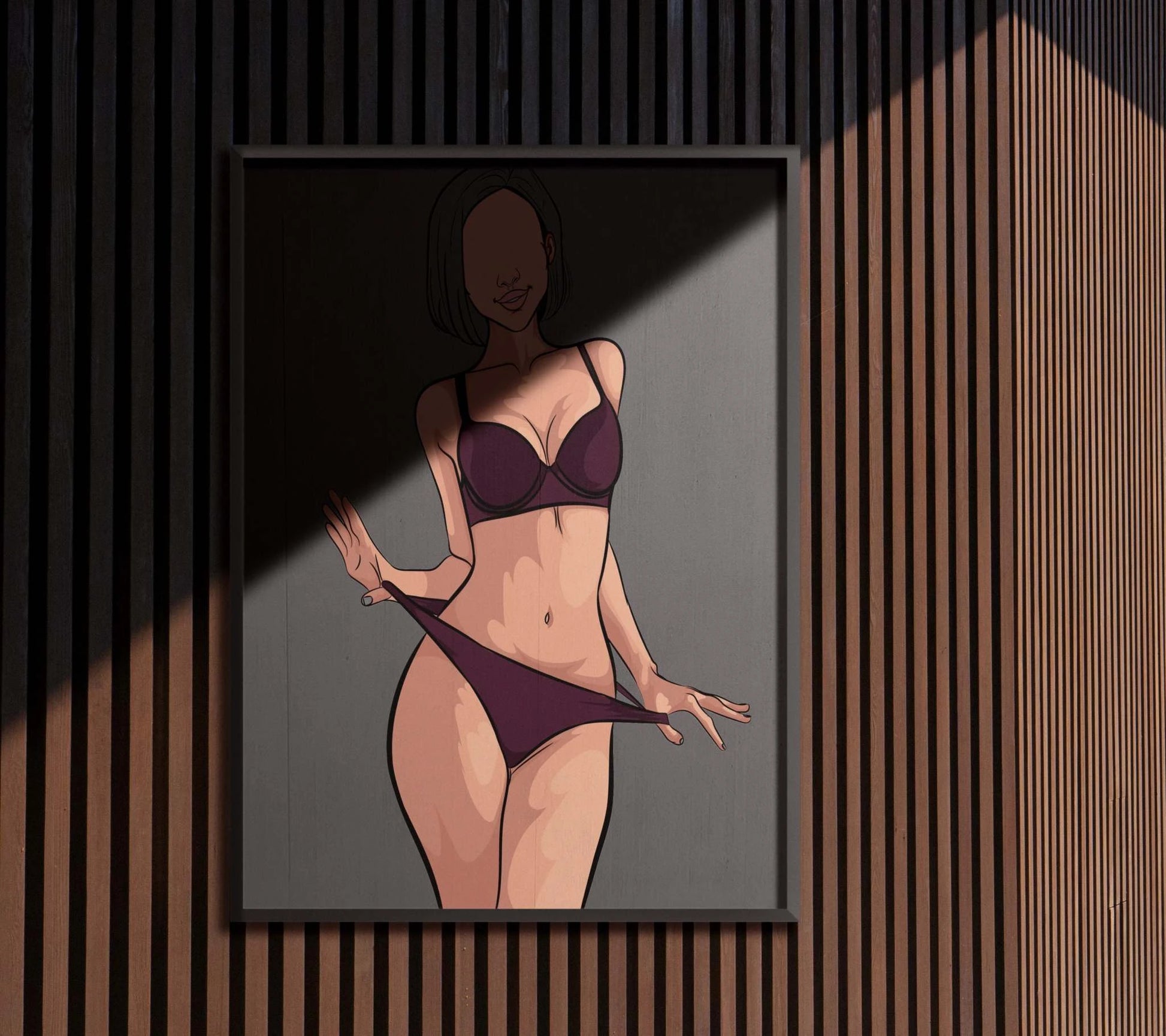 Digital artwork of minimalist lingerie model with bold lines, neutral colors, and striking pose; Model 38 - Baked Art.