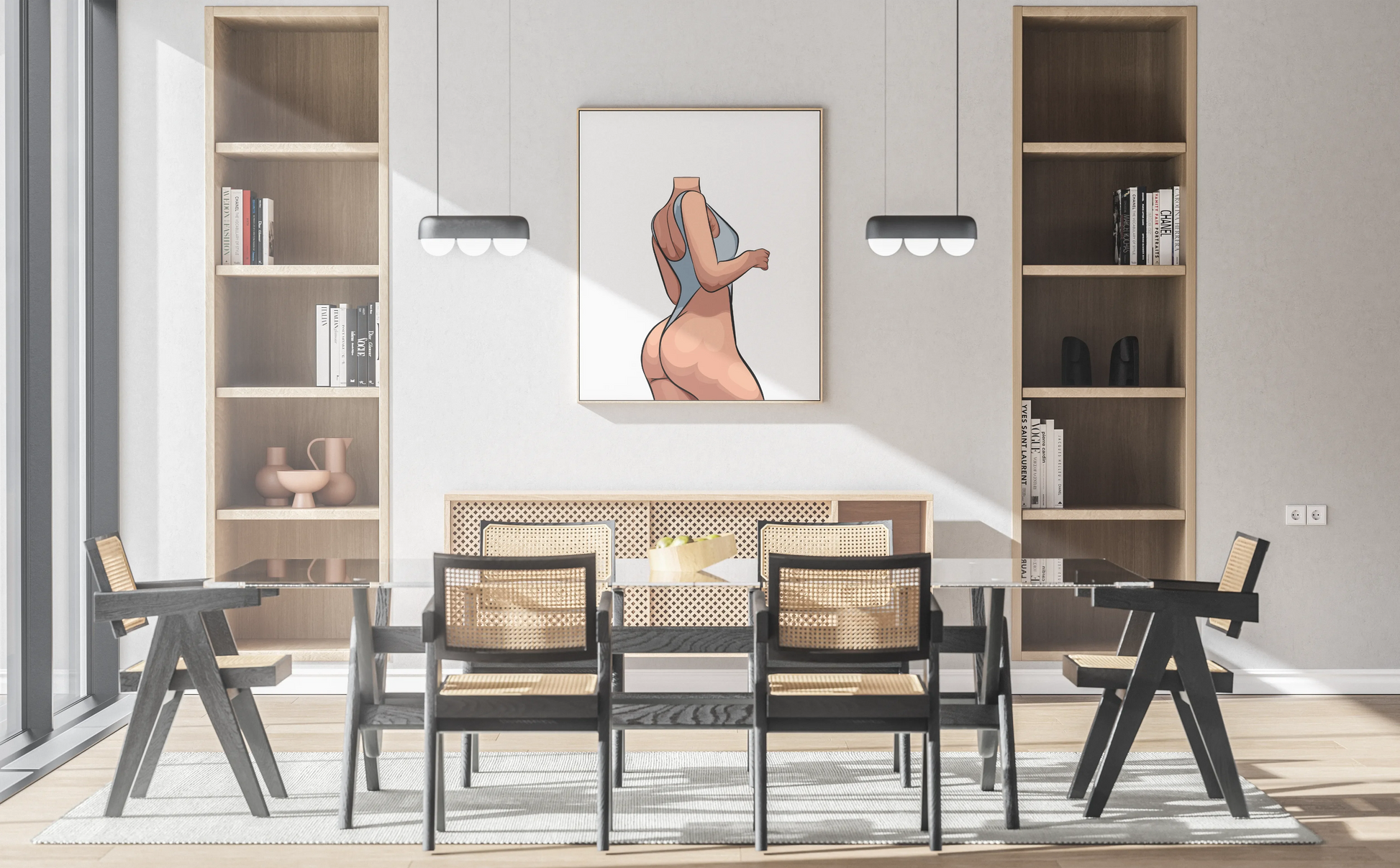Digital artwork of a curvy figure in a sleek bodysuit displayed in a modern dining area.