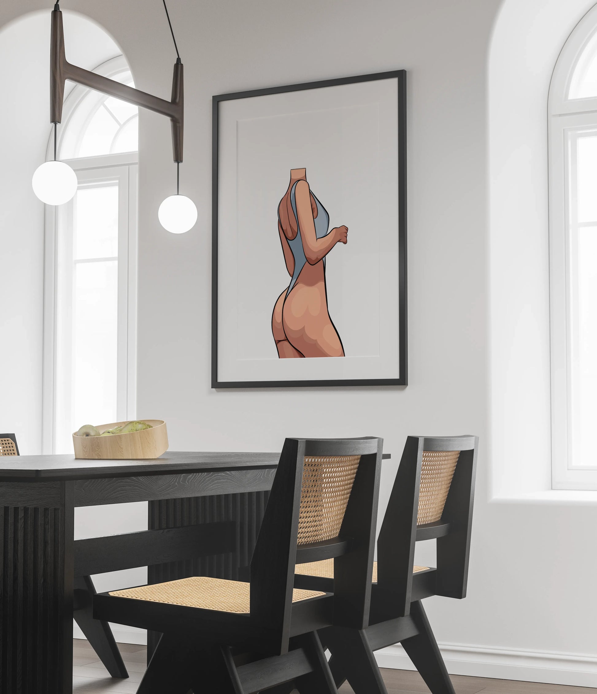 Digital artwork of a curvy figure in a sleek bodysuit, titled "Bikini Model 39 - Digitalized Arts Baked Art", displayed in a modern room.