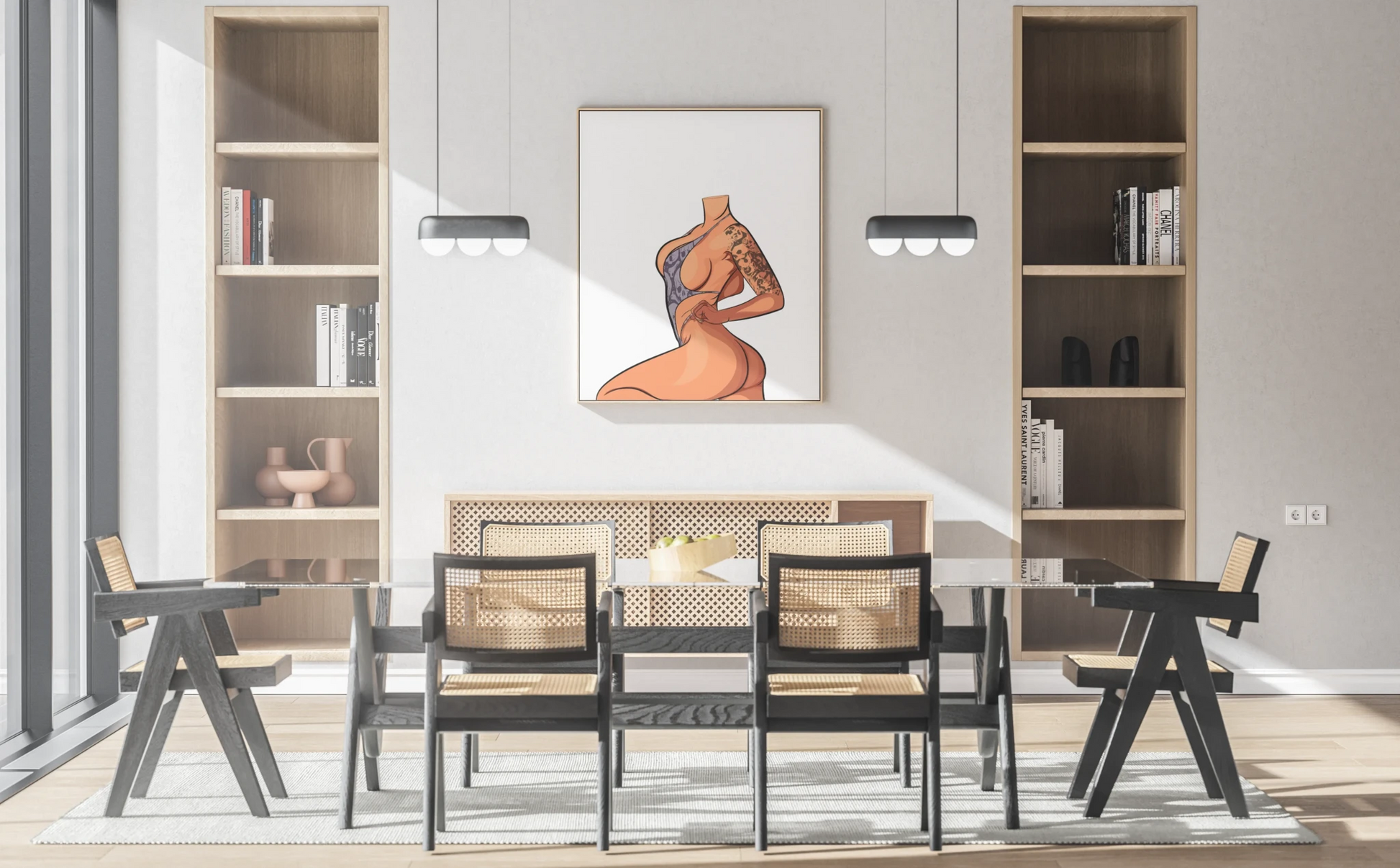 Model 3 Baked Art digital illustration framed in a modern dining room setting.