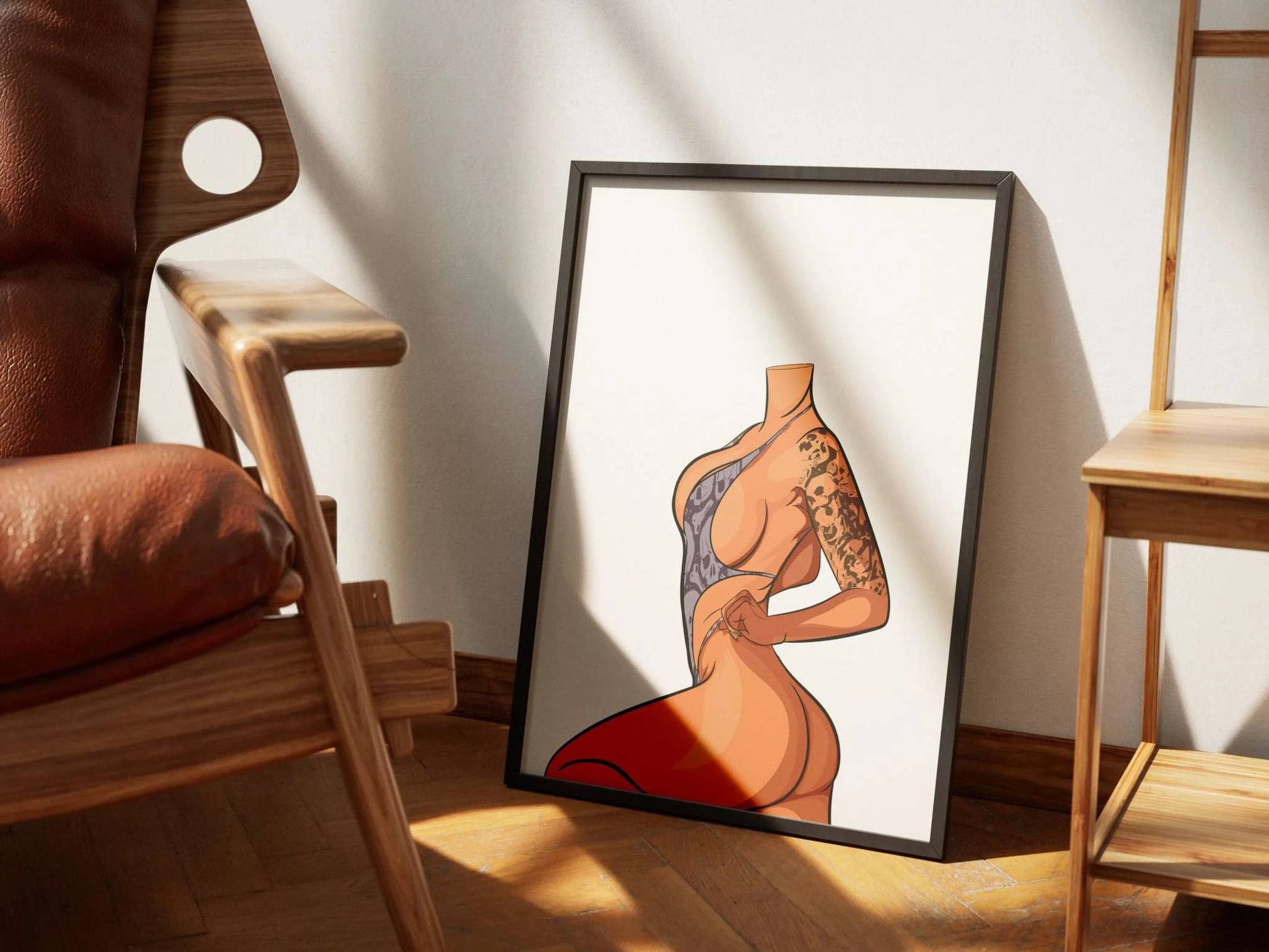 Digital artwork of a bikini model displayed in a frame, highlighting intricate design details, suitable for digital illustrations and artistic projects.