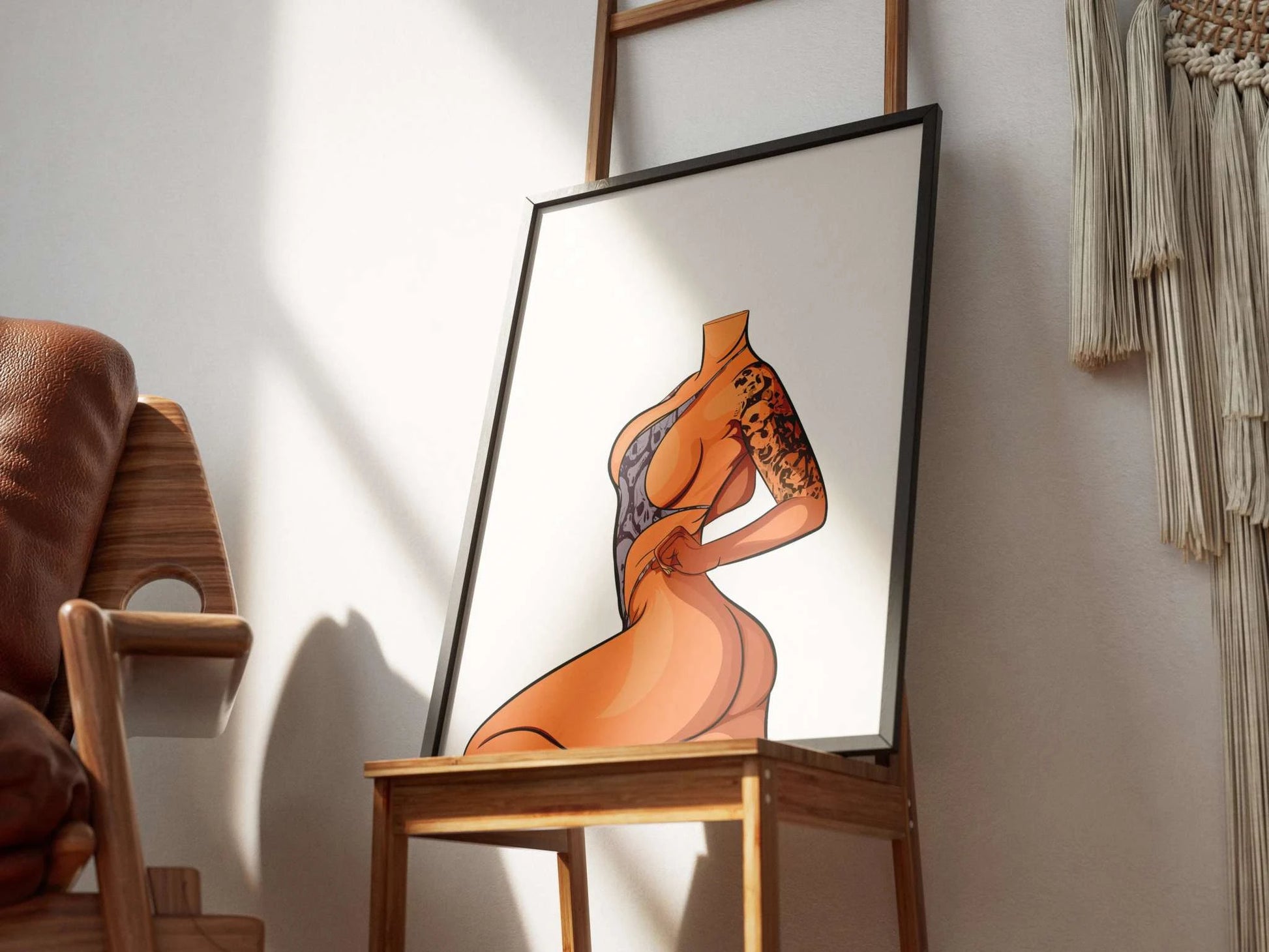 Model 3 Baked Art digital illustration framed on a chair.