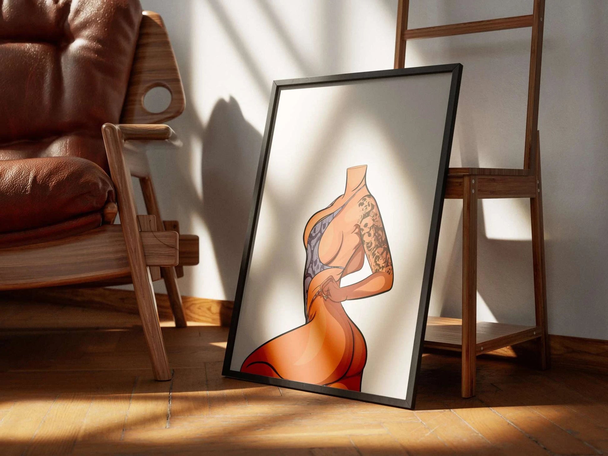 Bikini Model 3 digital art framed print in modern interior.